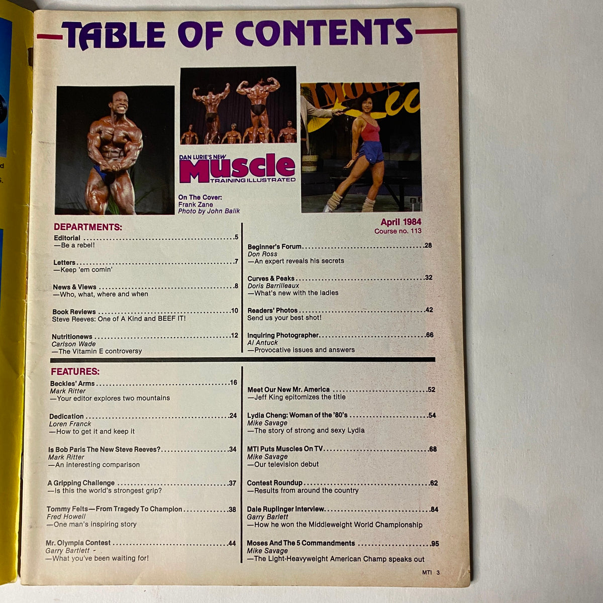 Table of contents page from Muscle Training Illustrated April 1984, No. 113, listing various articles, departments, and features related to bodybuilding and fitness.