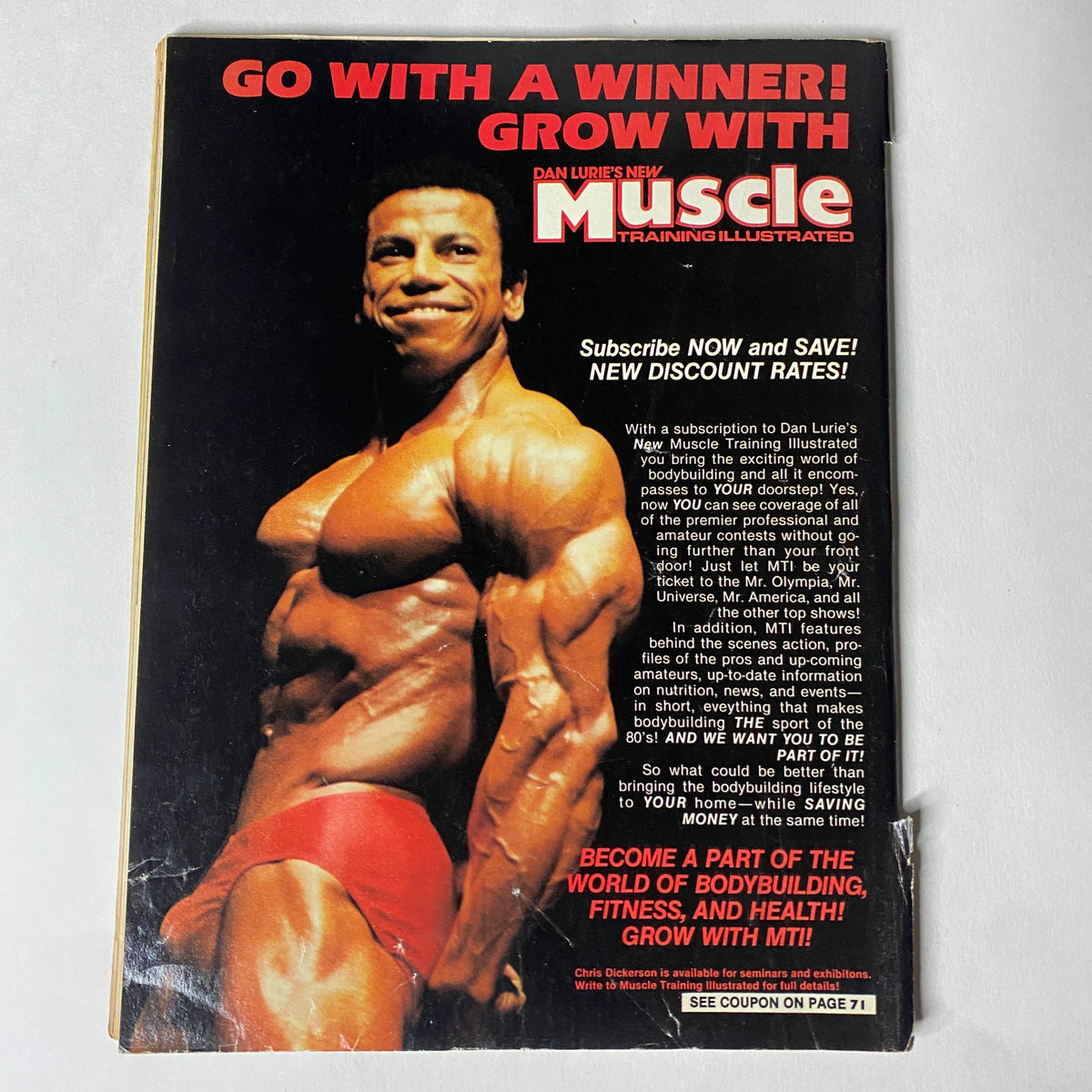 Back cover of Muscle Training Illustrated April 1984, No. 113, featuring a muscular male model and an advertisement for magazine subscription and bodybuilding resources.