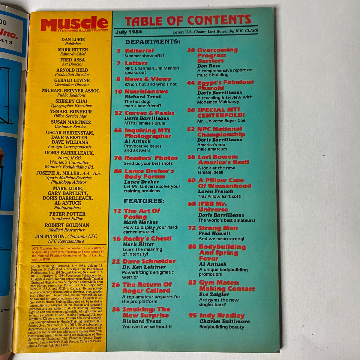 Table of contents page from Muscle Training Illustrated July 1984 No. 115, detailing features and articles about bodybuilding training, nutrition, and key figures in the sport.