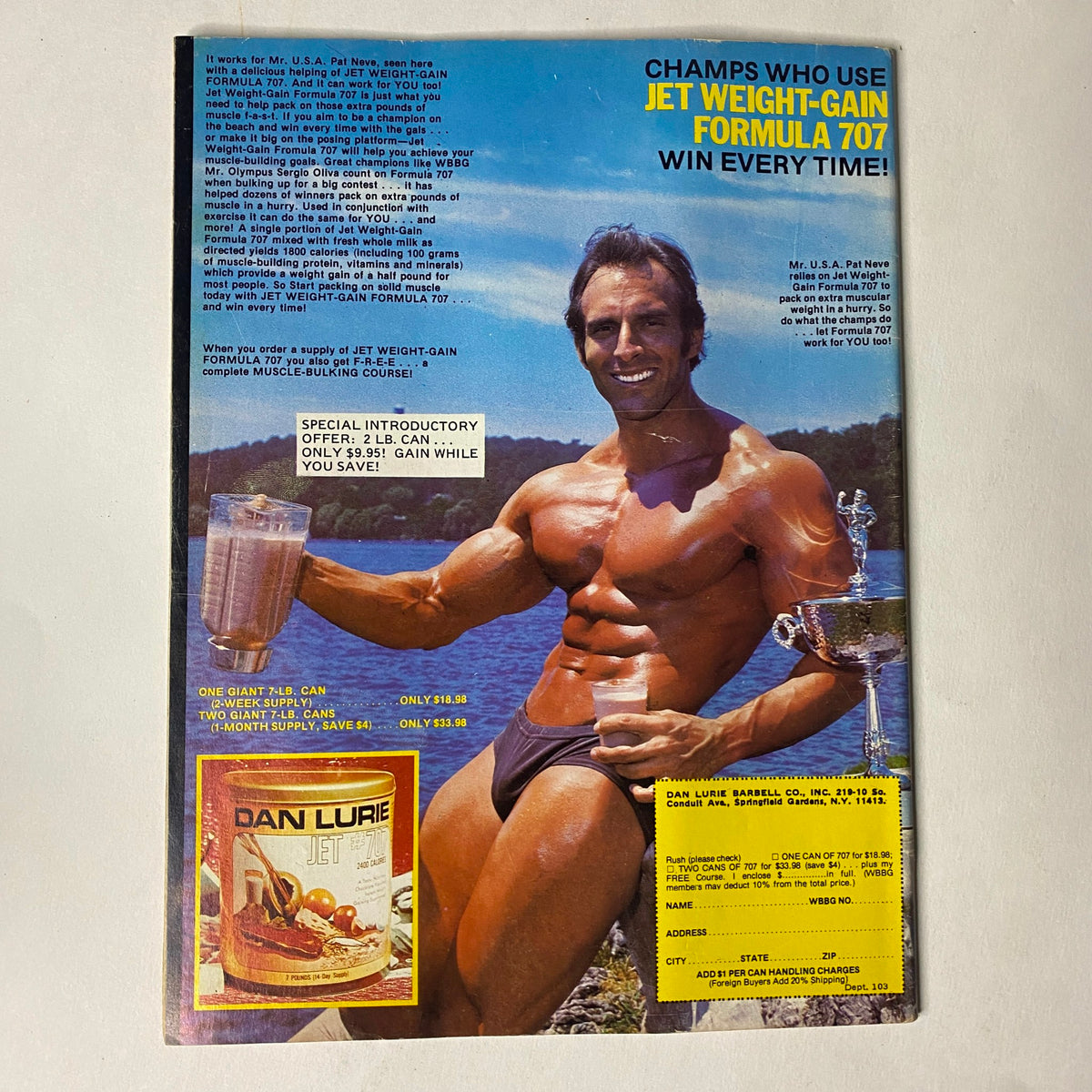Back cover of Muscle Training Illustrated August 1985 No. 124 promoting Jet Weight-Gain Formula 707 with a muscular model demonstrating fitness and strength.