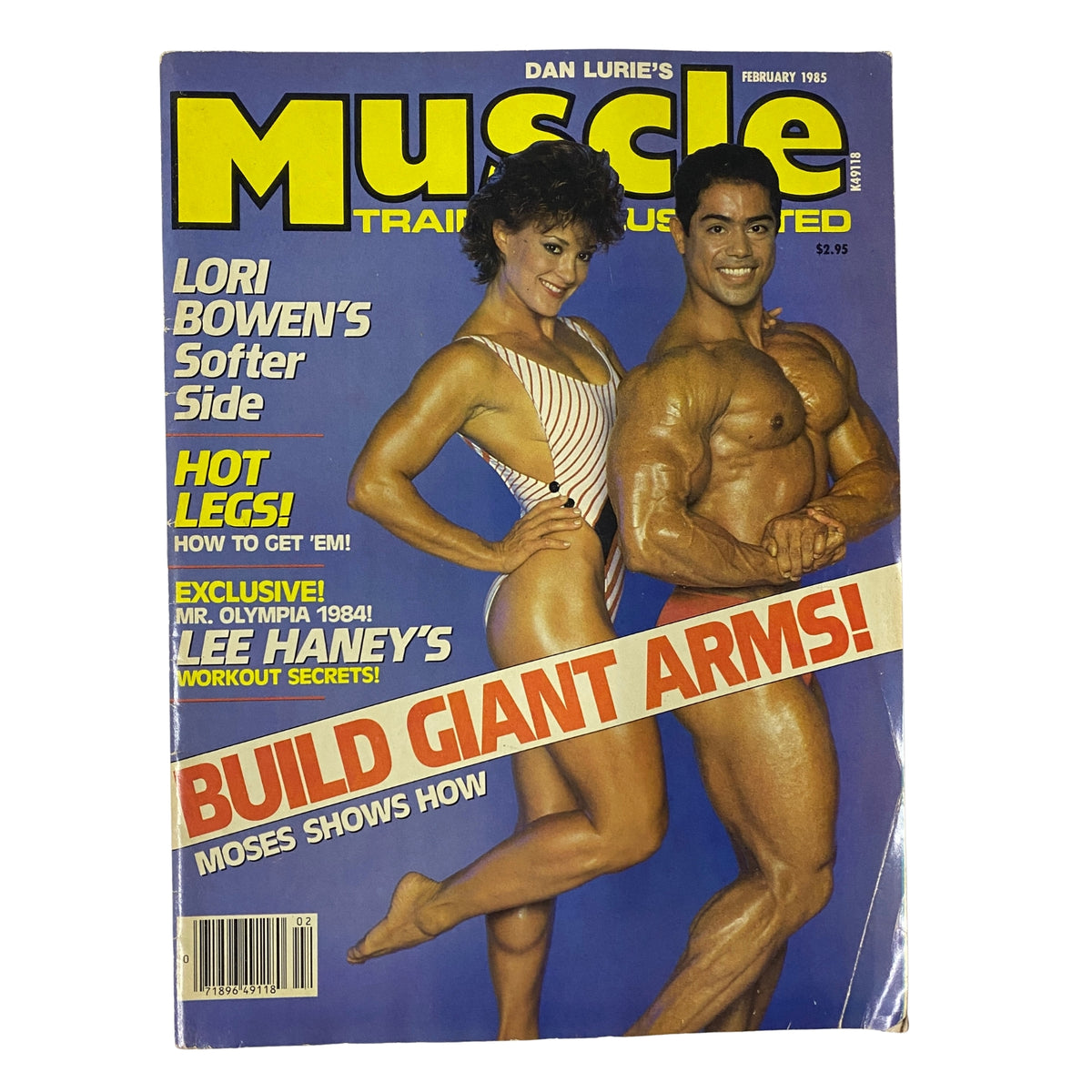 Cover of Muscle Training Illustrated, February 1985, No. 120 featuring Moses Maldonado and Lori Bowen showcasing bodybuilding excellence, with the headline 'Build Giant Arms!' and a focus on fitness and strength training.