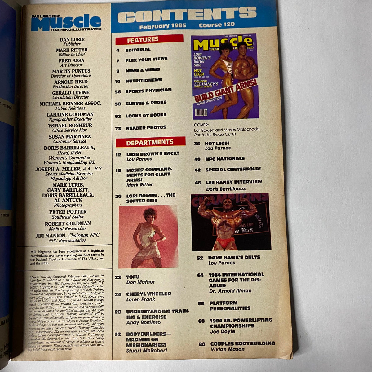 Table of contents for Muscle Training Illustrated, February 1985, No. 120, highlighting features like editorials, news, and insightful articles on bodybuilding, including topics like nutrition and training tips.