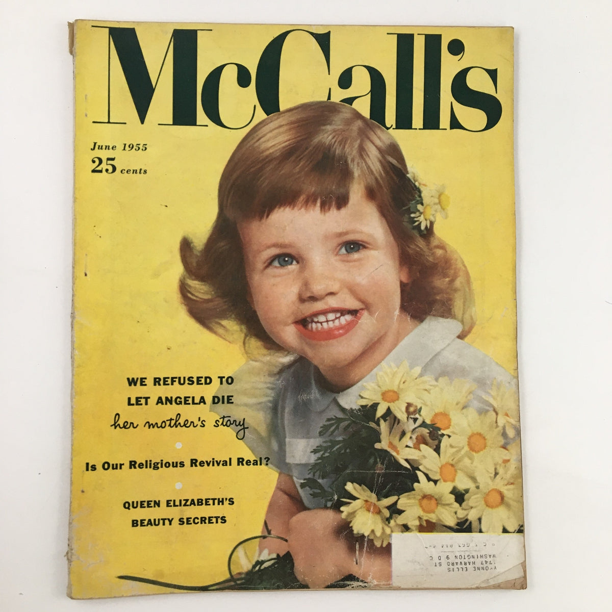 Cover of McCall's Magazine from June 1955 featuring a young girl named Sheila Burkhardt holding daisies, capturing mid-20th century fashion and culture.