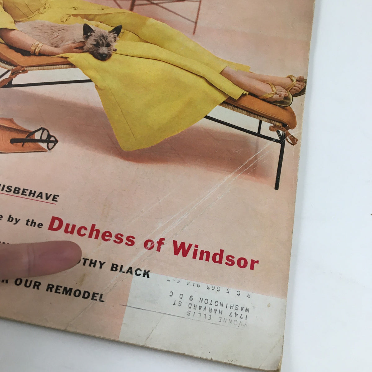 Close-up cover of McCall's Magazine August 1956 highlighting the Duchess of Windsor's marriage story, featuring retro style and an address label for authenticity.