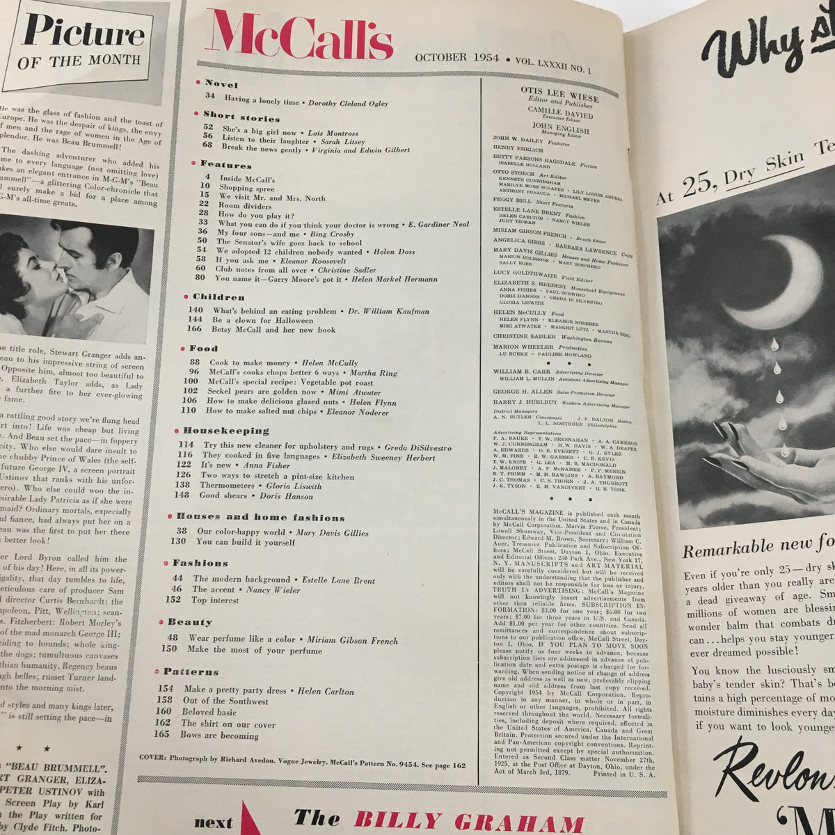 Interior page of McCall's Magazine, October 1954, showcasing the table of contents with retro design and formatting.