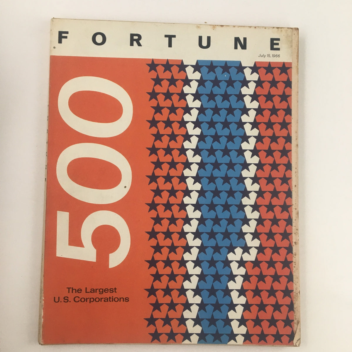 Fortune Magazine cover from July 15, 1966, featuring bold graphics in red, blue, and white with the title '500 - The Largest U.S. Corporations'.