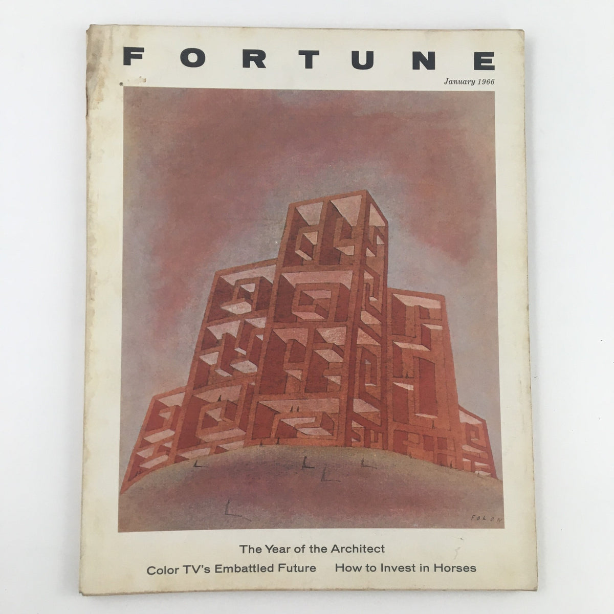 Fortune Magazine Cover from January 1966 featuring an abstract architectural design, titled 'Color TV's Embattled Future'. The cover highlights key topics like 'The Year of the Architect' and 'How to Invest in Horses', showcasing vintage publication aesthetics.