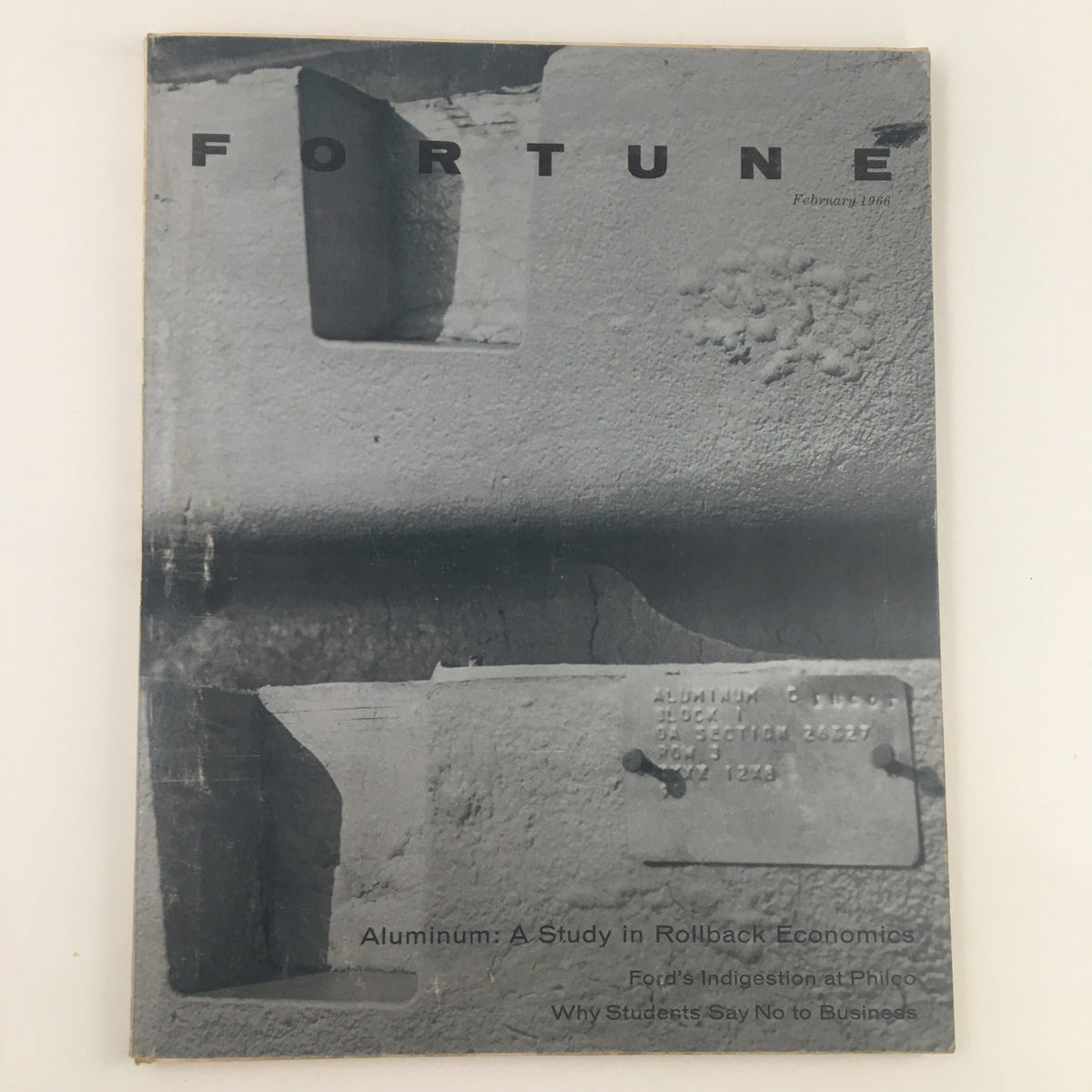 Cover of Fortune Magazine February 1966 featuring the title 'Aluminum: A Study in Rollback Economics' prominently displayed, showcasing a minimalist design with a focus on aluminum textures.