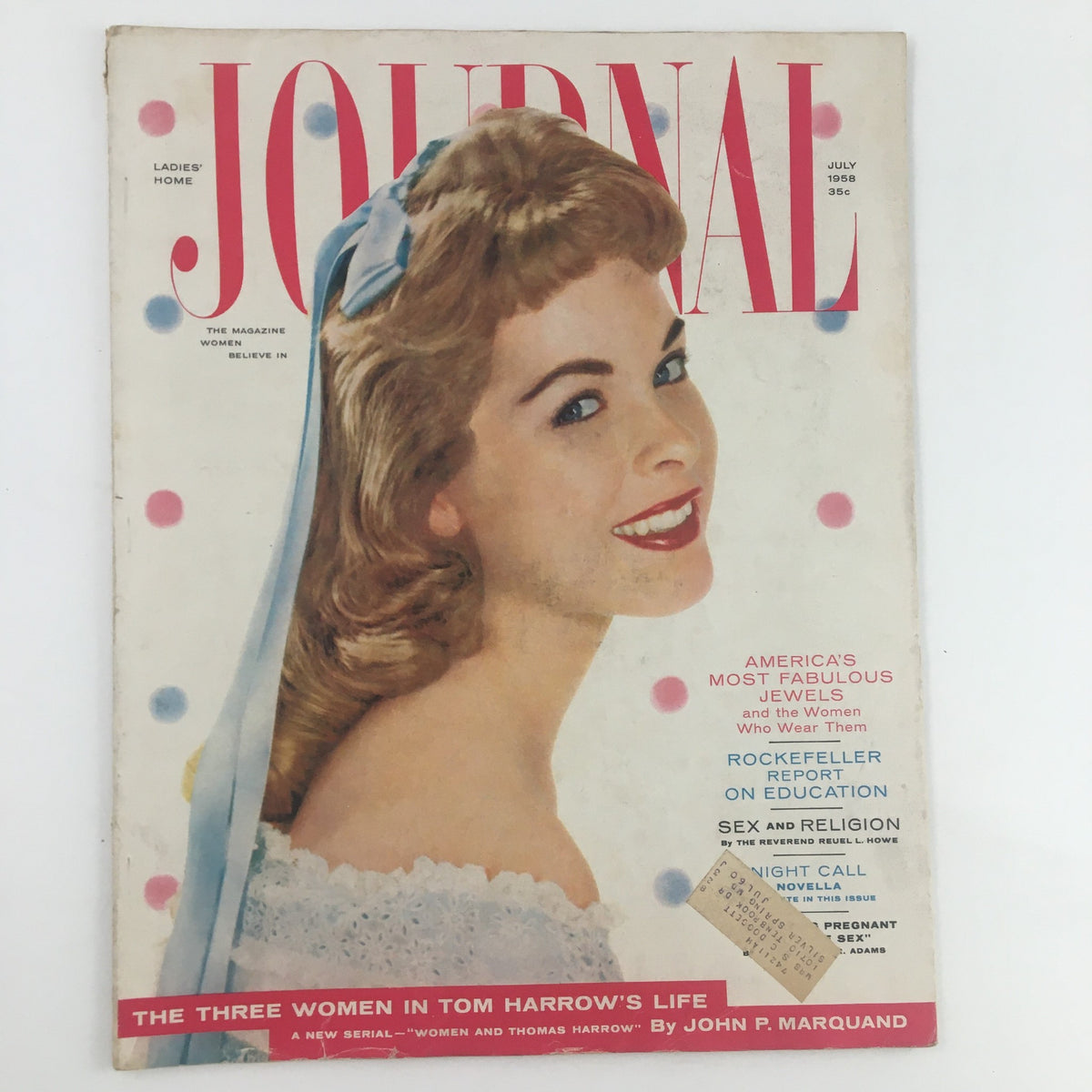 Cover of Ladies' Home Journal Magazine July 1958 featuring an article titled 'The Three Women in Tom Harrow's Life', showcasing a woman with a bow in her hair, highlighting the magazine's vintage style.
