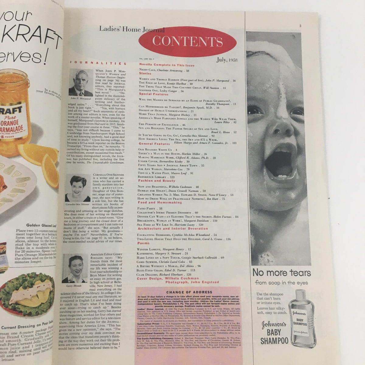 Contents page of Ladies' Home Journal Magazine July 1958, listing various articles including 'The Three Women in Tom Harrow's Life', with food and homemaking features.
