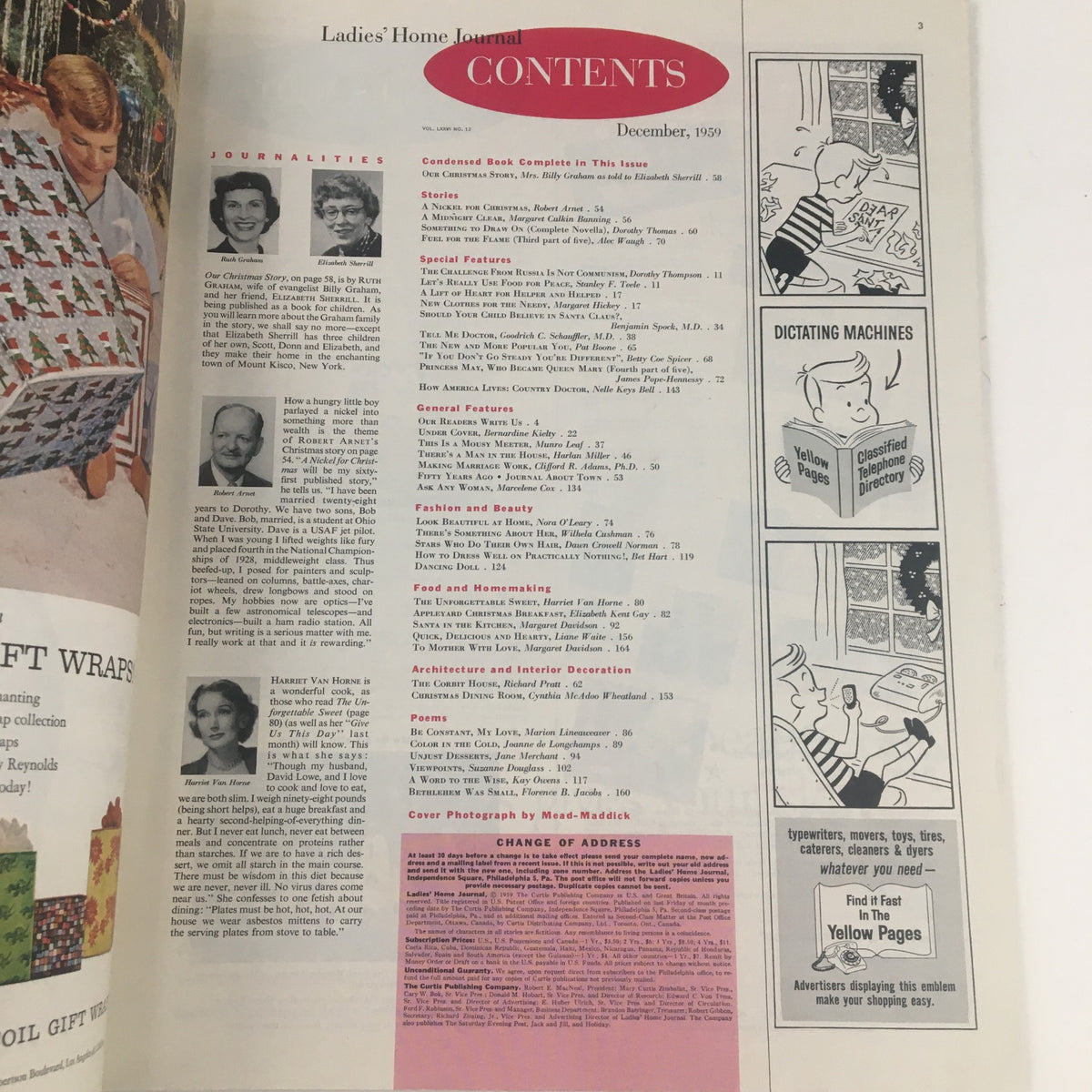 Contents page of Ladies' Home Journal Magazine December 1959 featuring articles, stories, and special features from the era, including a highlight on the popular Pat Boone. The page lists engaging topics related to family life, health, and fashion, making it a valuable glimpse into mid-20th century Americana.