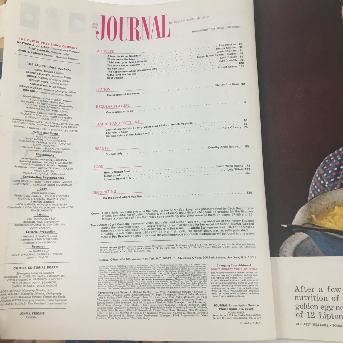 Table of contents from the January 1964 issue of Ladies' Home Journal, highlighting various articles and features including fashion, food, and beauty tips.