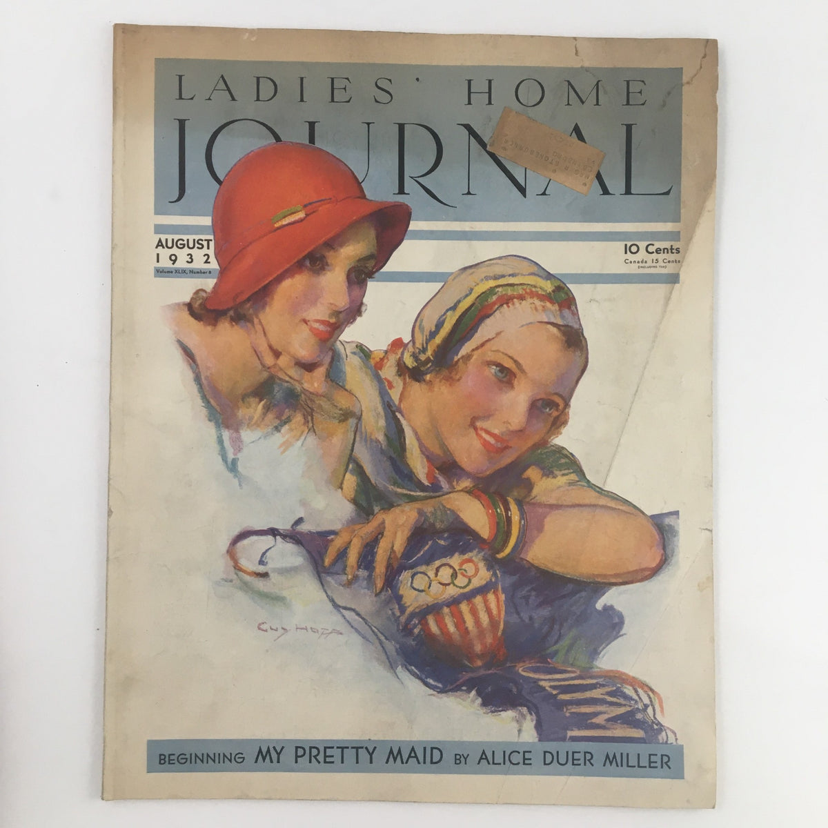 Cover of Ladies' Home Journal Magazine August 1932 featuring 'My Pretty Maid' by Alice Duer Miller, showcasing vibrant illustration of two fashionable women.