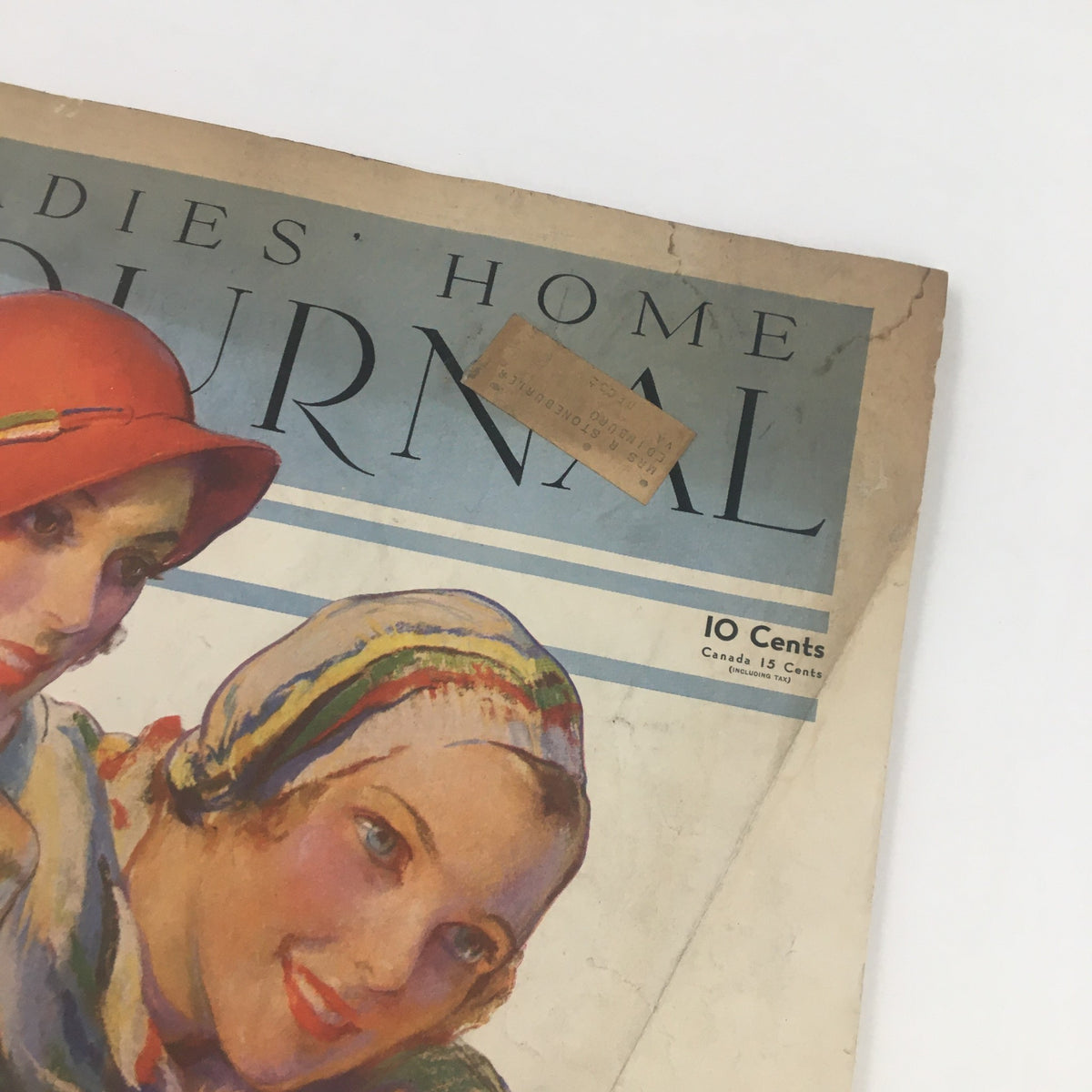 Close-up of the cover of Ladies' Home Journal Magazine August 1932, illustrating the stylish hats of women along with the title 'My Pretty Maid' by Alice Duer Miller.
