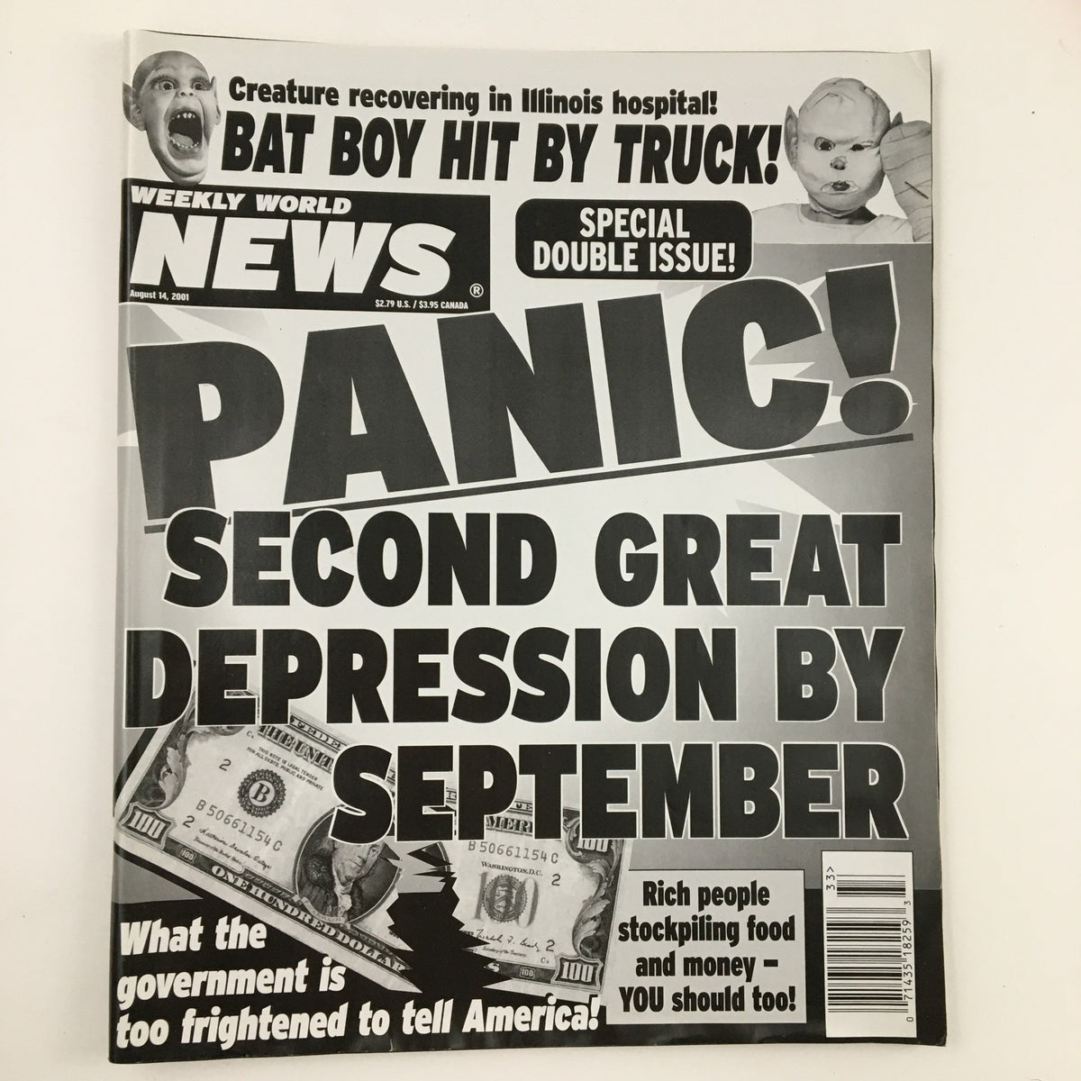 Vintage Weekly World News magazine cover featuring the headline 'Panic! Second Great Depression by September' from August 14, 2001, showcasing concerns of societal issues and mental well-being.
