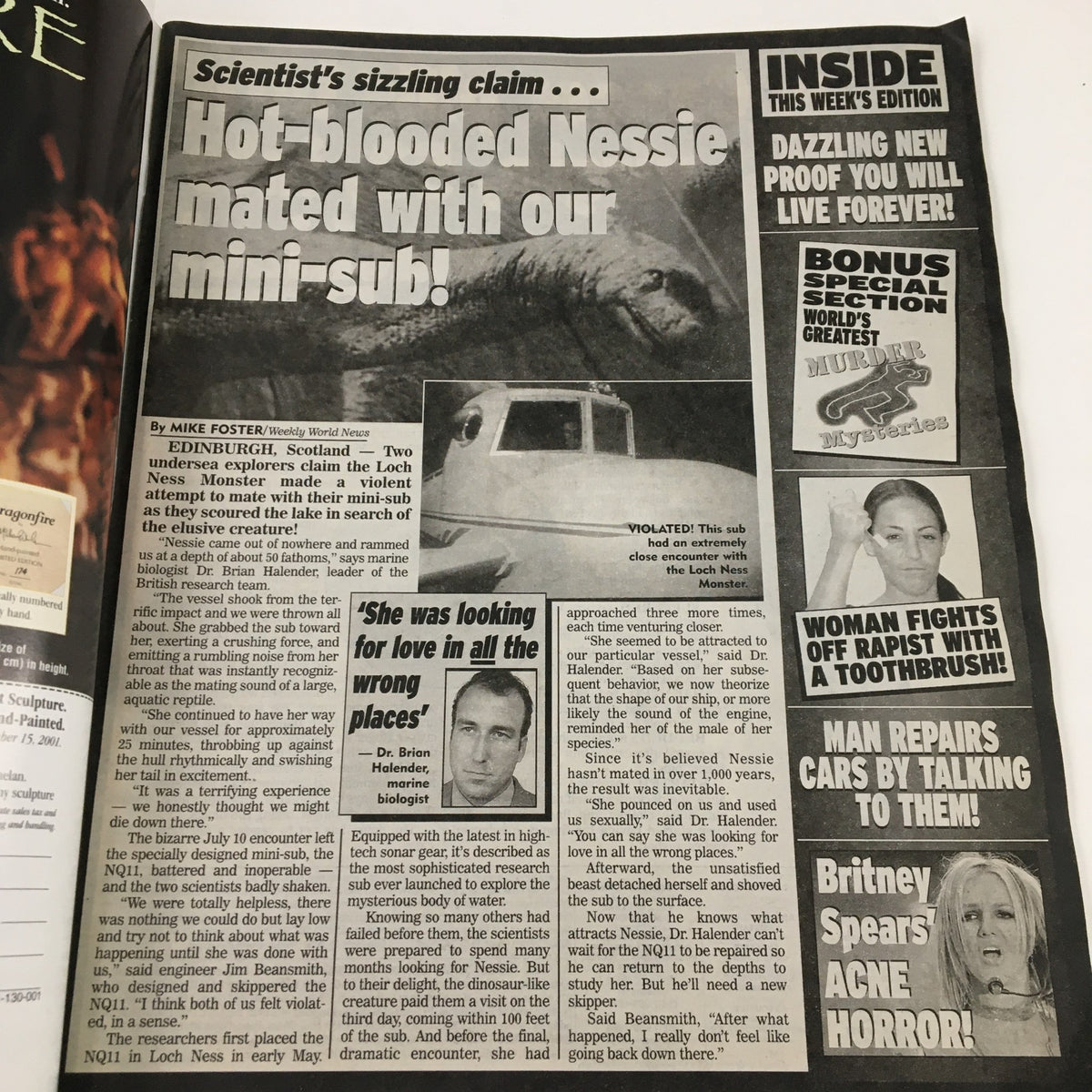 Weekly World News August 14 2001 featuring an article about Loch Ness Monster, titled 'Scientist's Sizzling Claim - Hot-Blooded Nessie Mated with Our Mini-Sub.' Captivating headline discussing a controversial scientific claim.