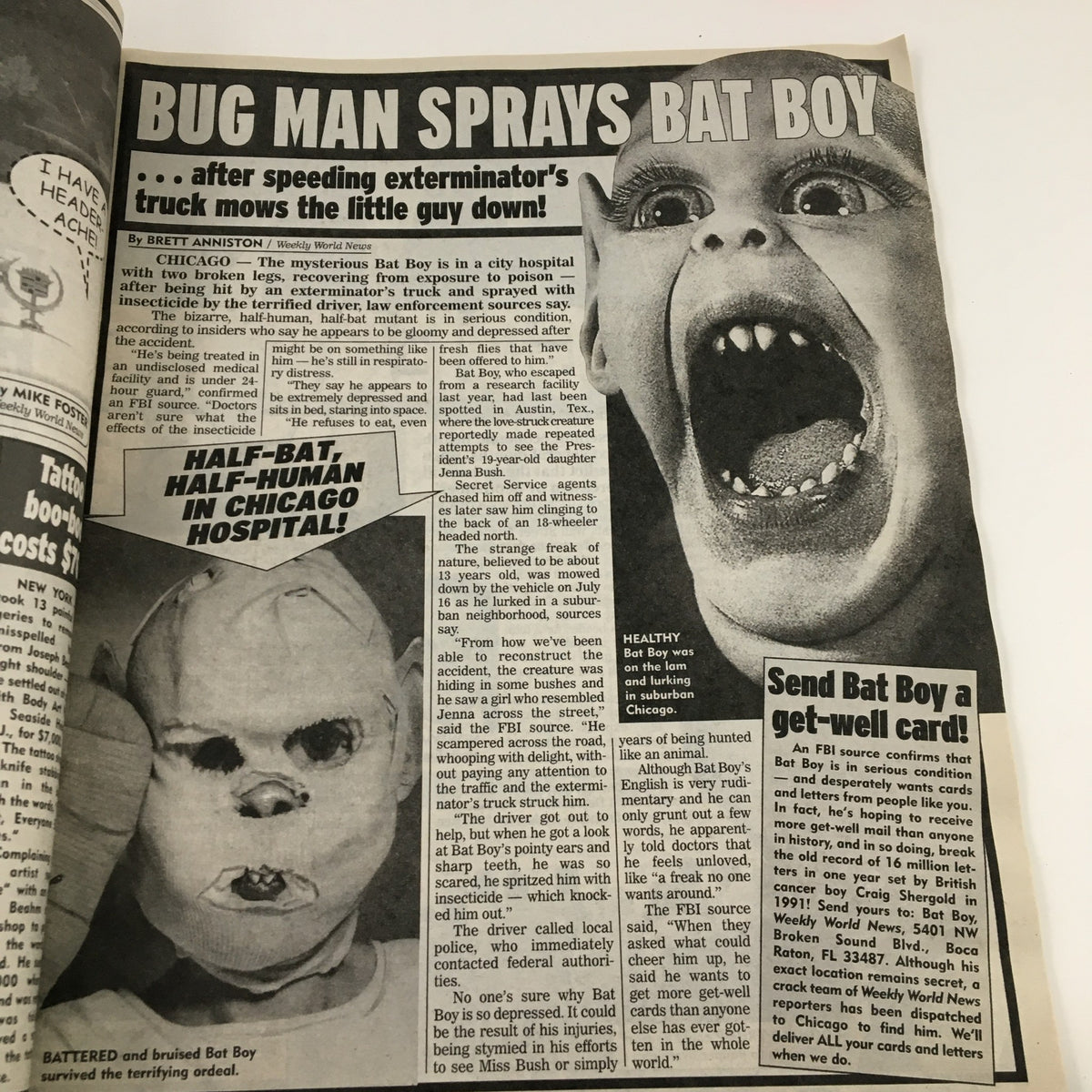 Weekly World News August 14 2001 showcasing the strange tale of 'Bug Man Sprays Bat Boy,' featuring an image of the character and discussing its bizarre hospital story. Captivating for fans of unusual news.