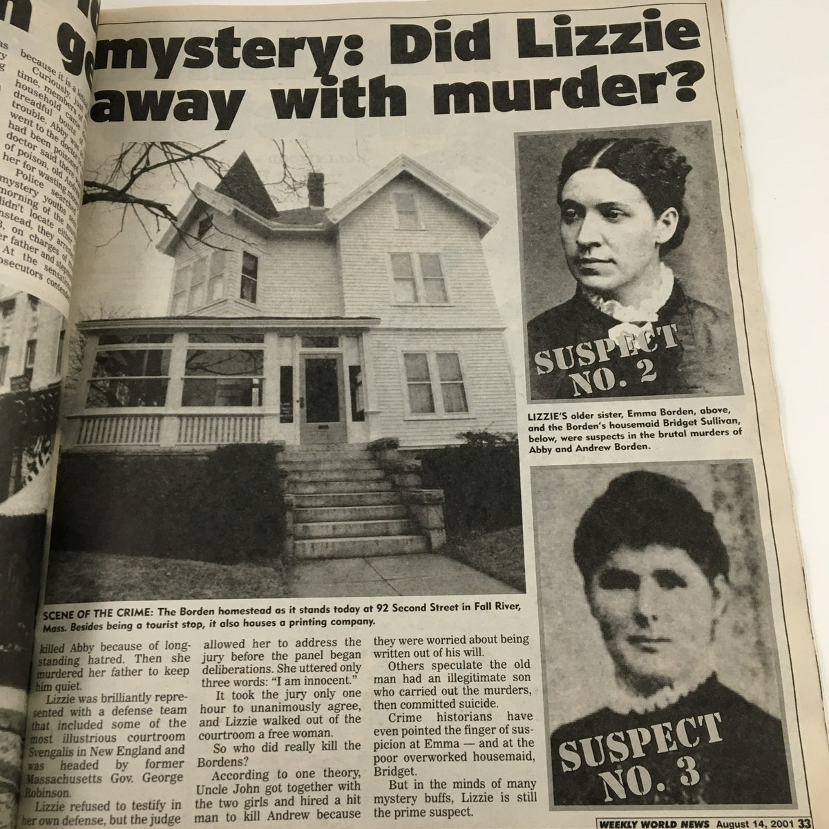 Weekly World News August 14 2001 featuring the mystery of Lizzie Borden's alleged involvement in a murder case with photographs of the suspects and providing intriguing details.