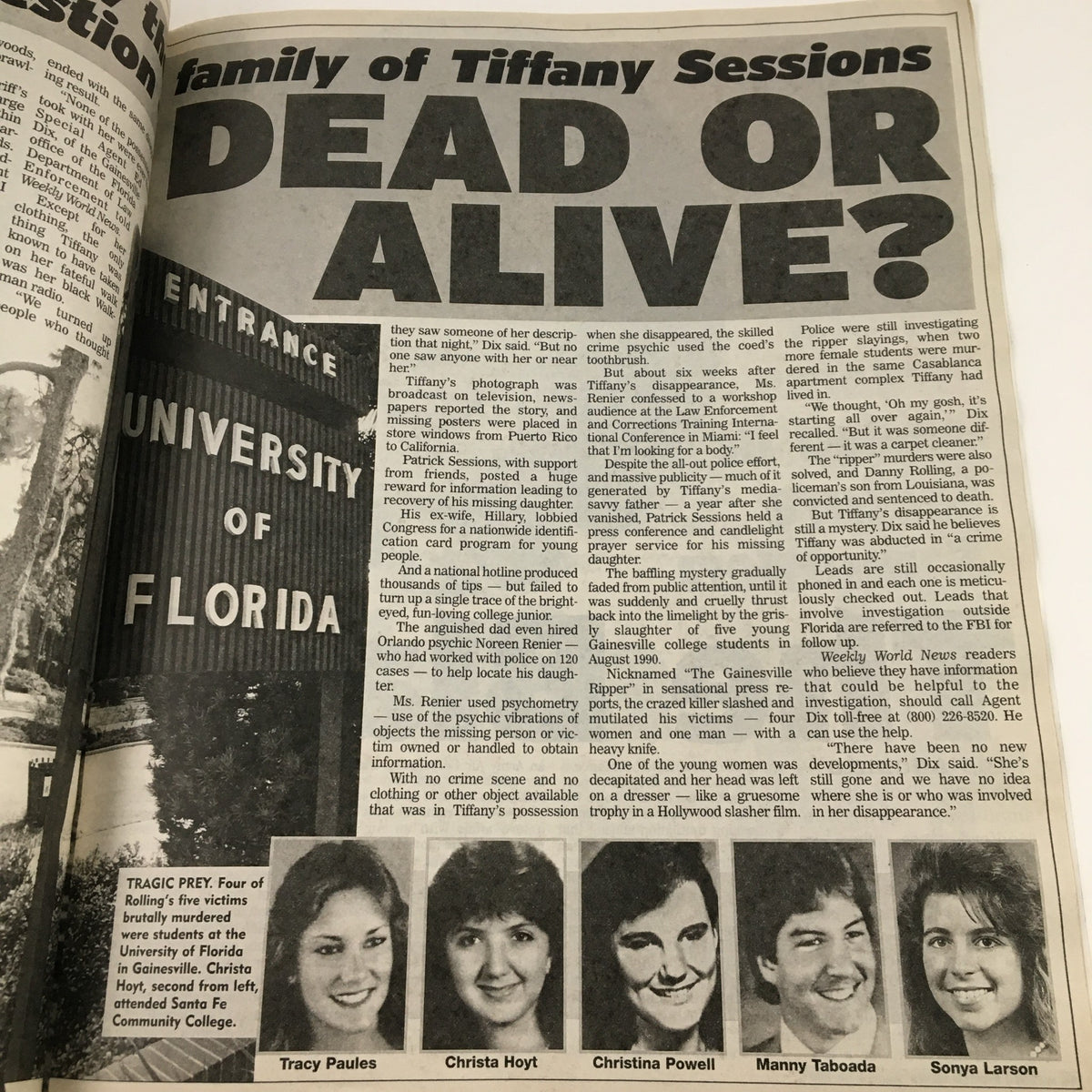 Weekly World News August 14 2001 Second Grade Depression by September - Article on the family of Tiffany Sessions discussing the mystery of her disappearance with images of key individuals involved.