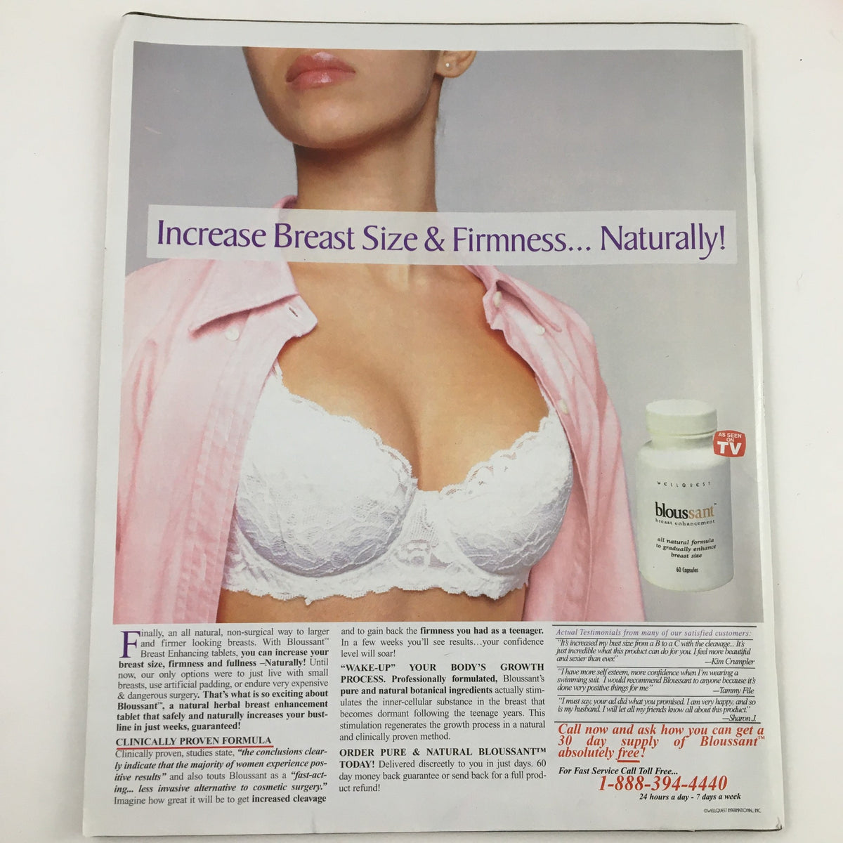 Weekly World News August 14 2001 Second Grade Depression by September - Ad promoting natural breast enhancement solutions, featuring a model in a bra.