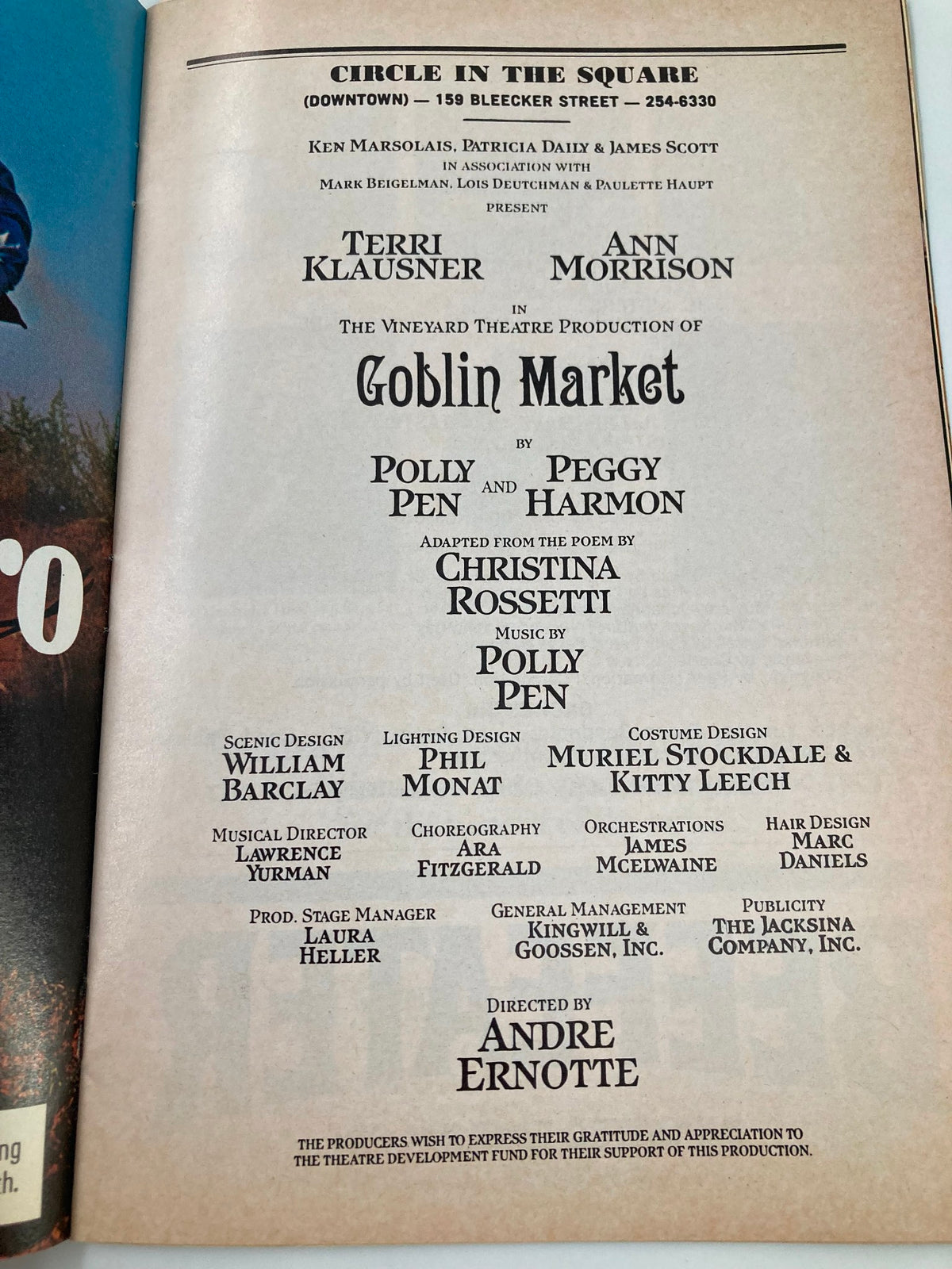 Inside page of the 1986 Playbill for Circle In The Square Theatre, showcasing cast and production details for Goblin Market starring Terri Klausner.