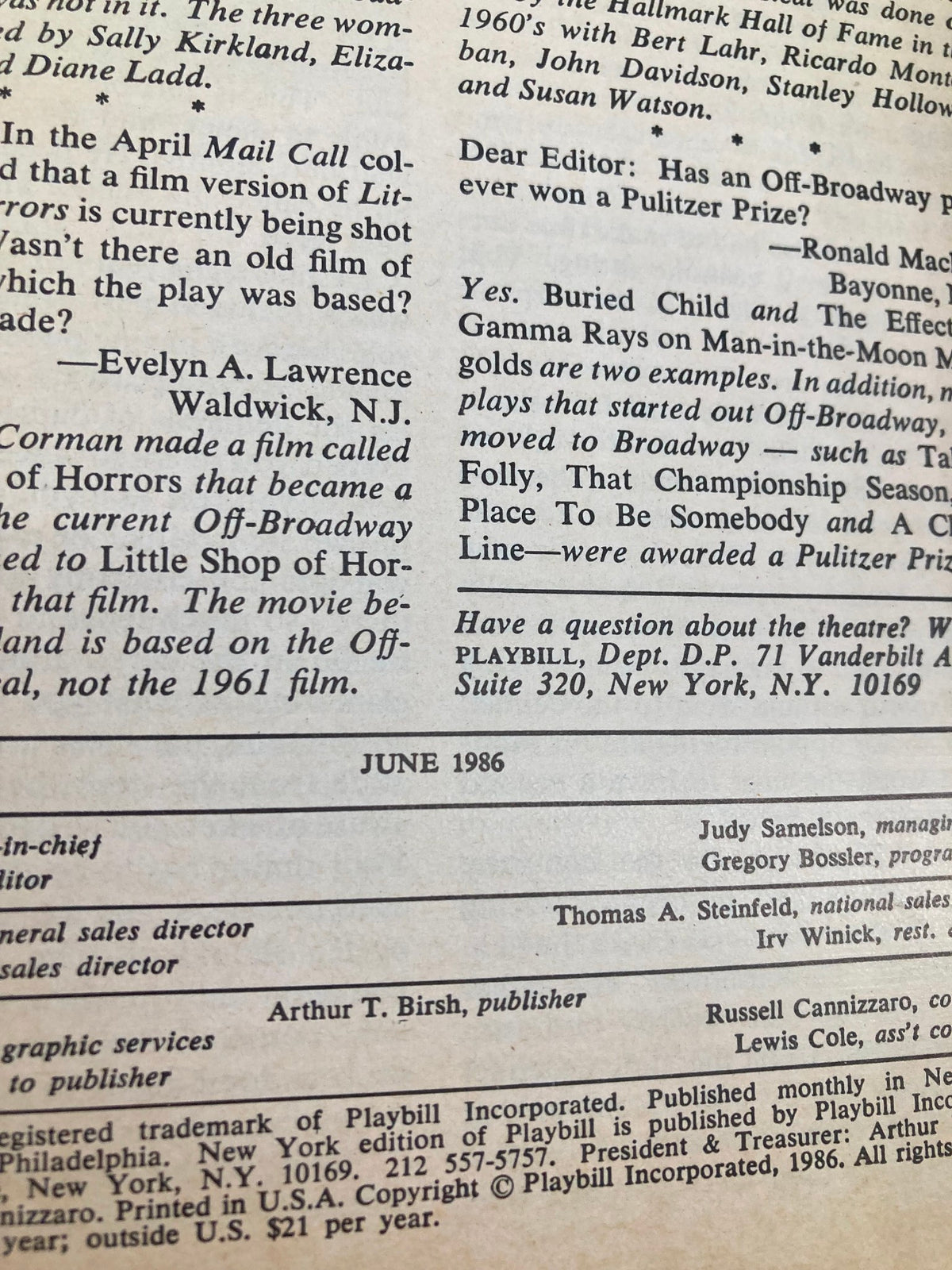 Page from the June 1986 Playbill, including editorial details and commentary related to the theater scene, relevant to the 1986 production of Goblin Market.