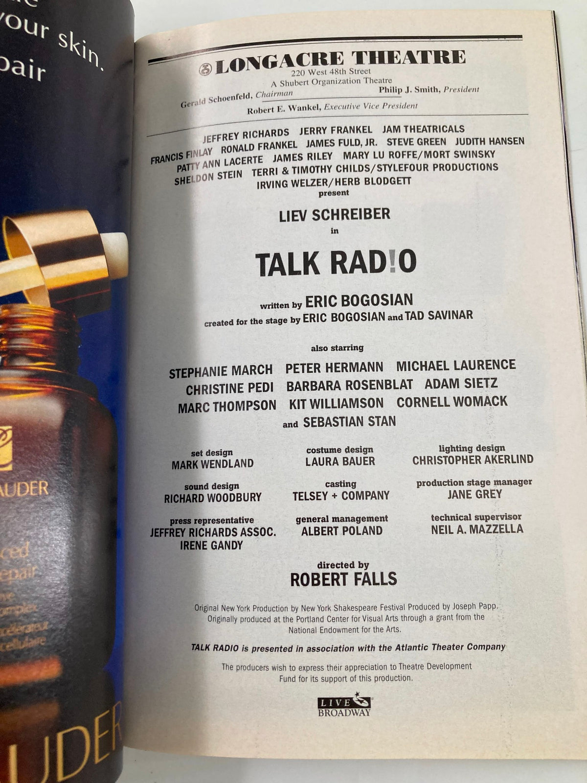 2007 Playbill from the Longacre Theatre highlighting Liev Schreiber in the role of a talk show host in 'Talk Radio', directed by Robert Falls, with cast information and production details.