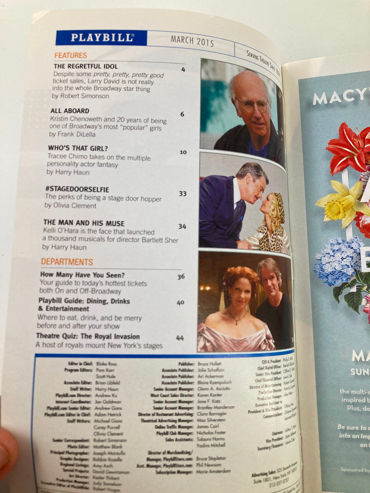 Inside page of the March 2015 Playbill featuring articles and features from the production Wolf Hall parts one and two.