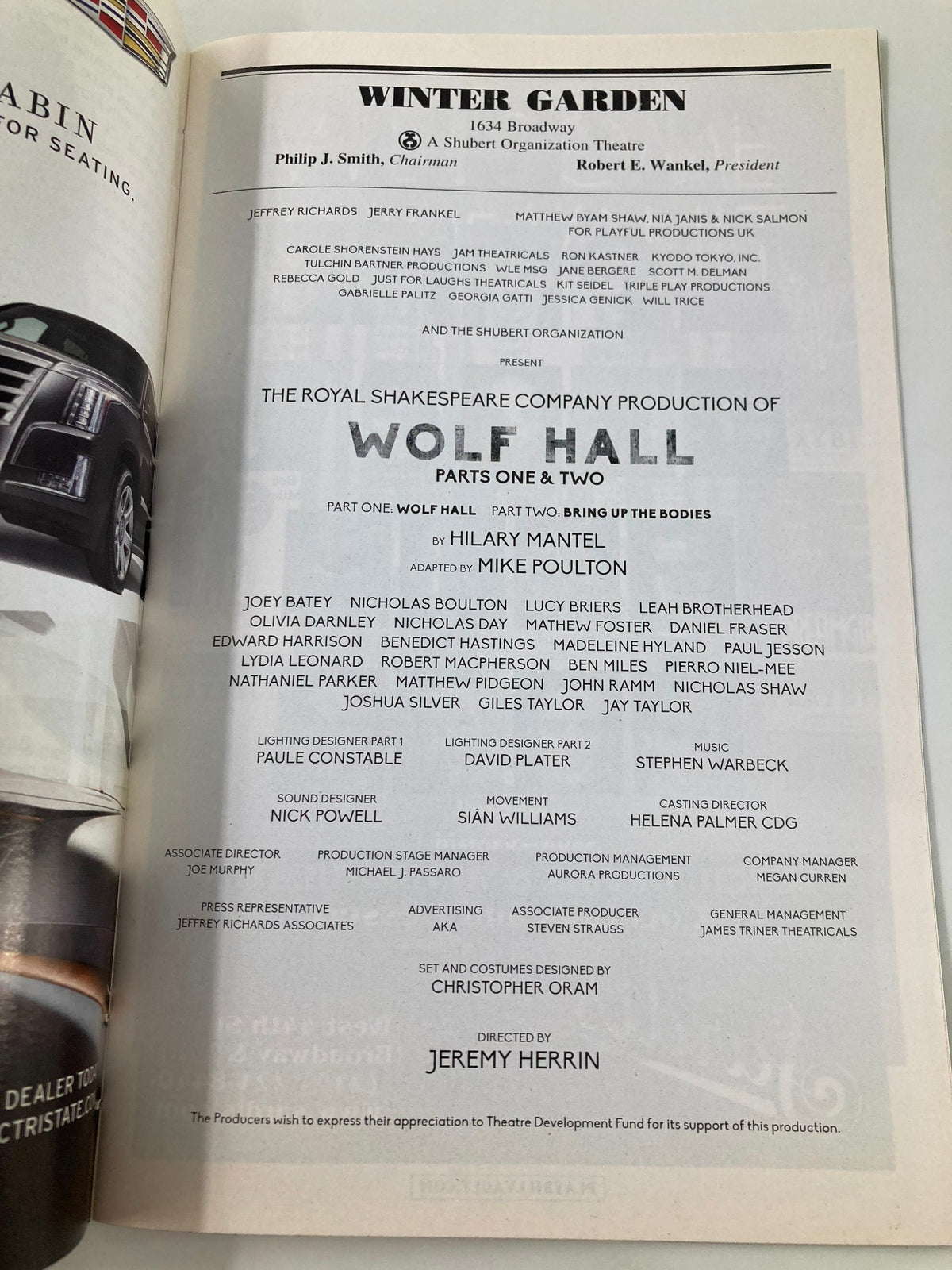 Credits page of the 2015 Playbill for Wolf Hall parts one and two at Winter Garden Theatre listing the cast and production details.