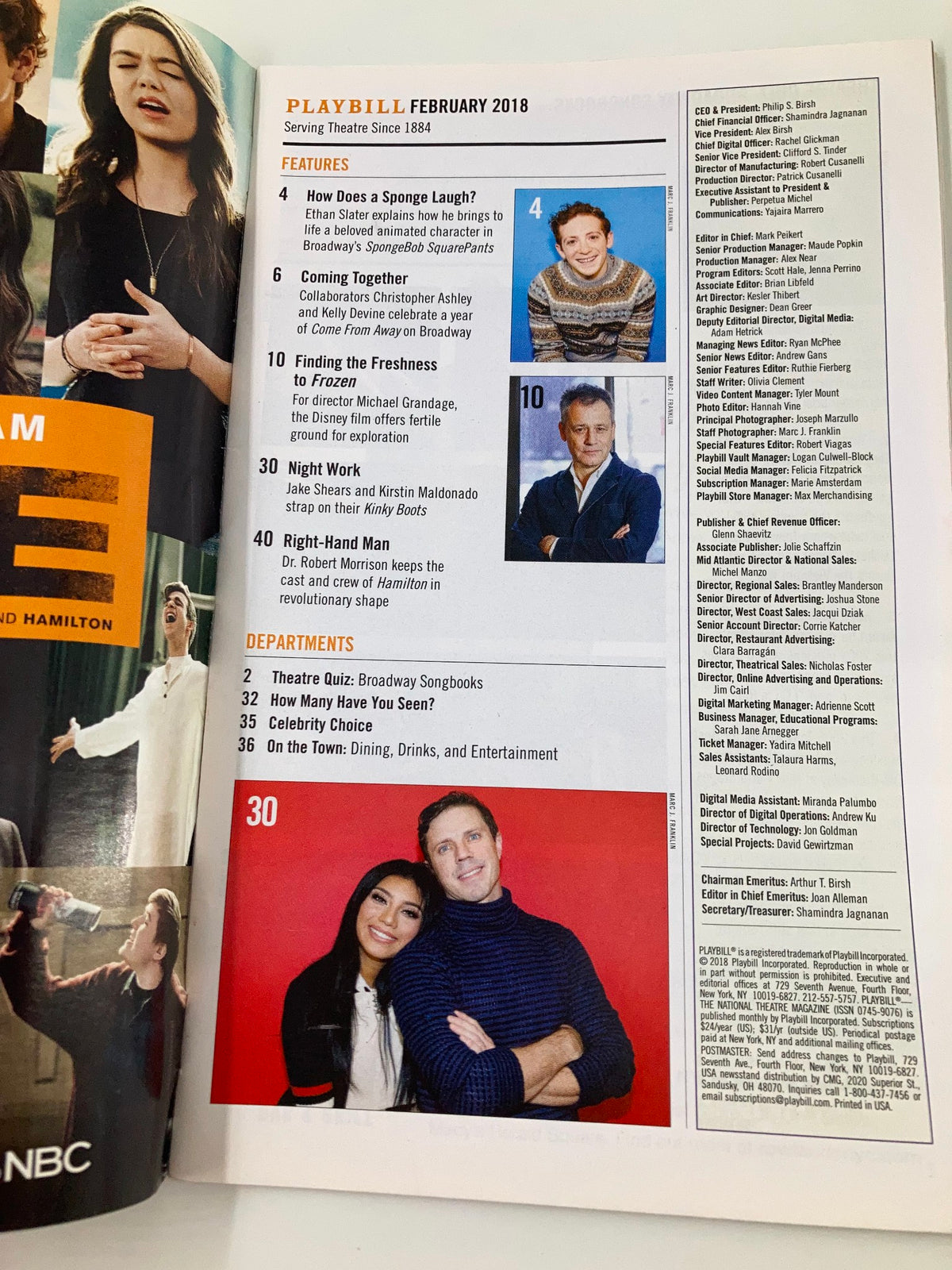 February 2018 Playbill contents page highlighting features, including actors and productions at the Hudson Theatre.