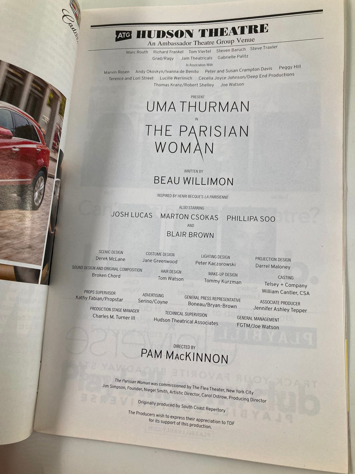 Playbill page dedicated to Uma Thurman and The Parisian Woman, detailing cast and creative team information.