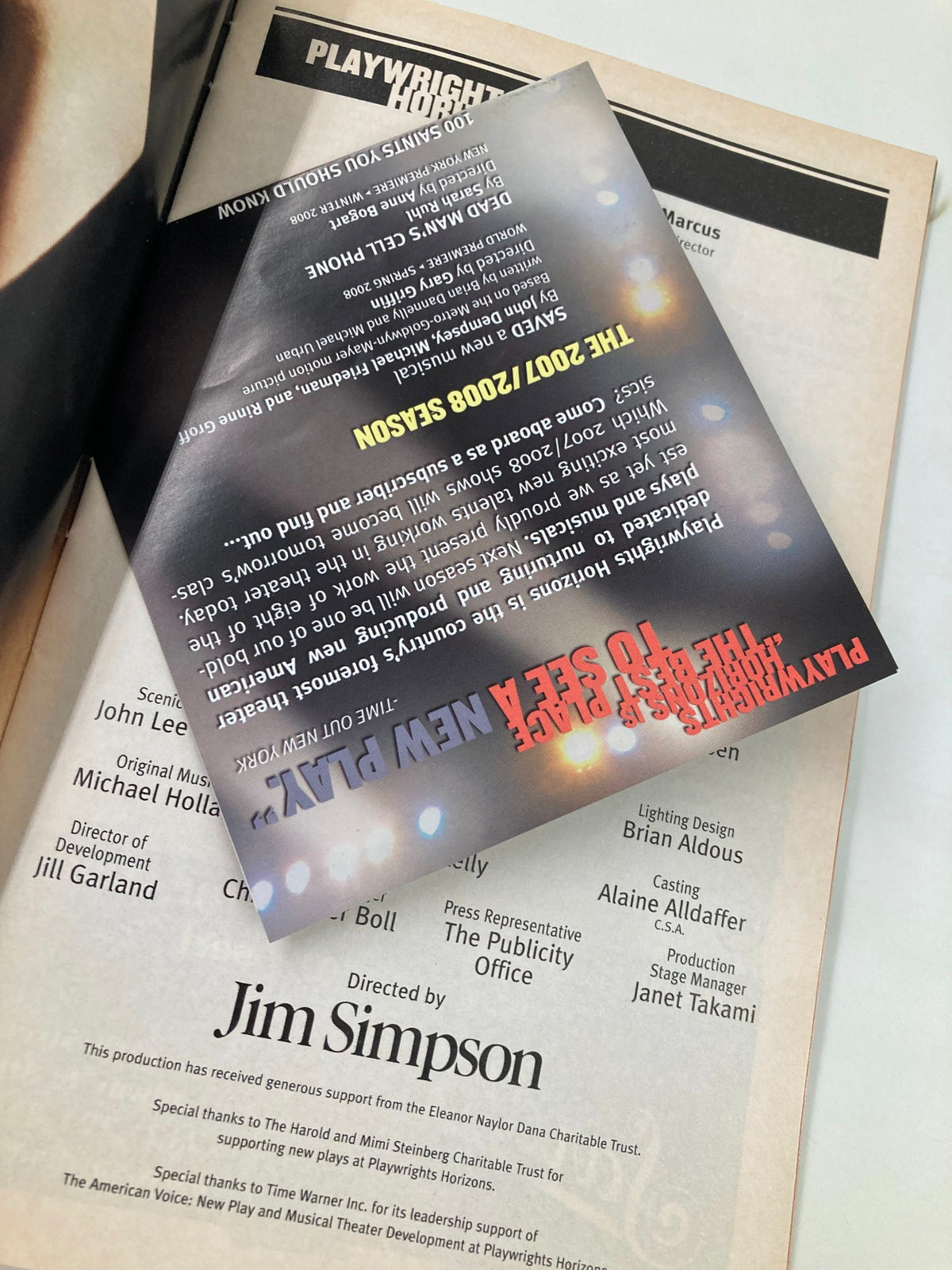 Promotional insert found in the 2007 Playbill for Crazy Mary, advertising upcoming performances at Playwrights Horizons.