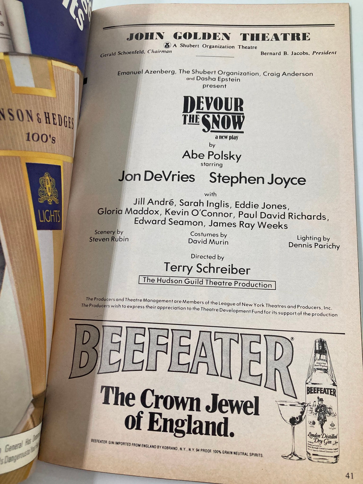 1979 Playbill featuring the play Devour the Snow by Jon DeVeries and Stephen Joyce, with credits and production details.