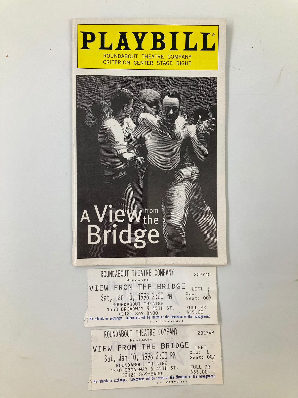 1998 Playbill for 'A View from the Bridge' by the Roundabout Theatre Company featuring Anthony LaPaglia, accompanied by two ticket stubs from the performance.
