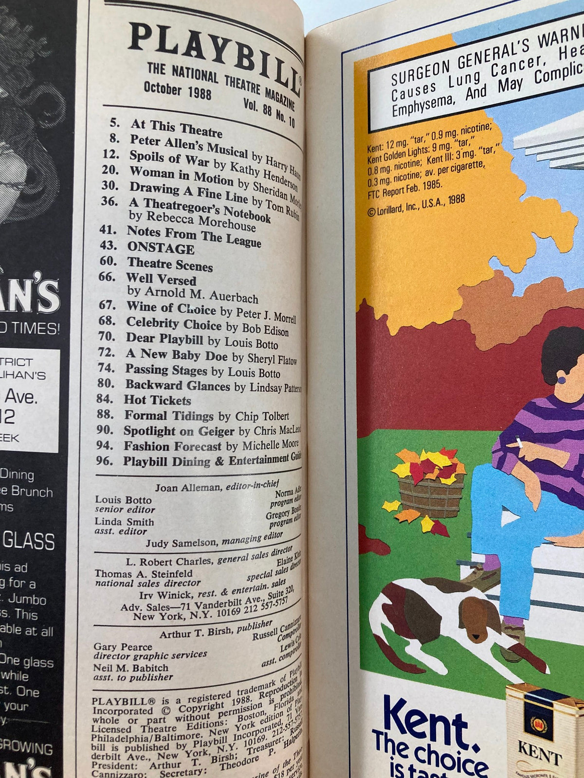 Inside view of a 1988 Playbill featuring various shows, highlighting Jackie Mason's The World According To Me! from Brooks Atkinson Theatre.