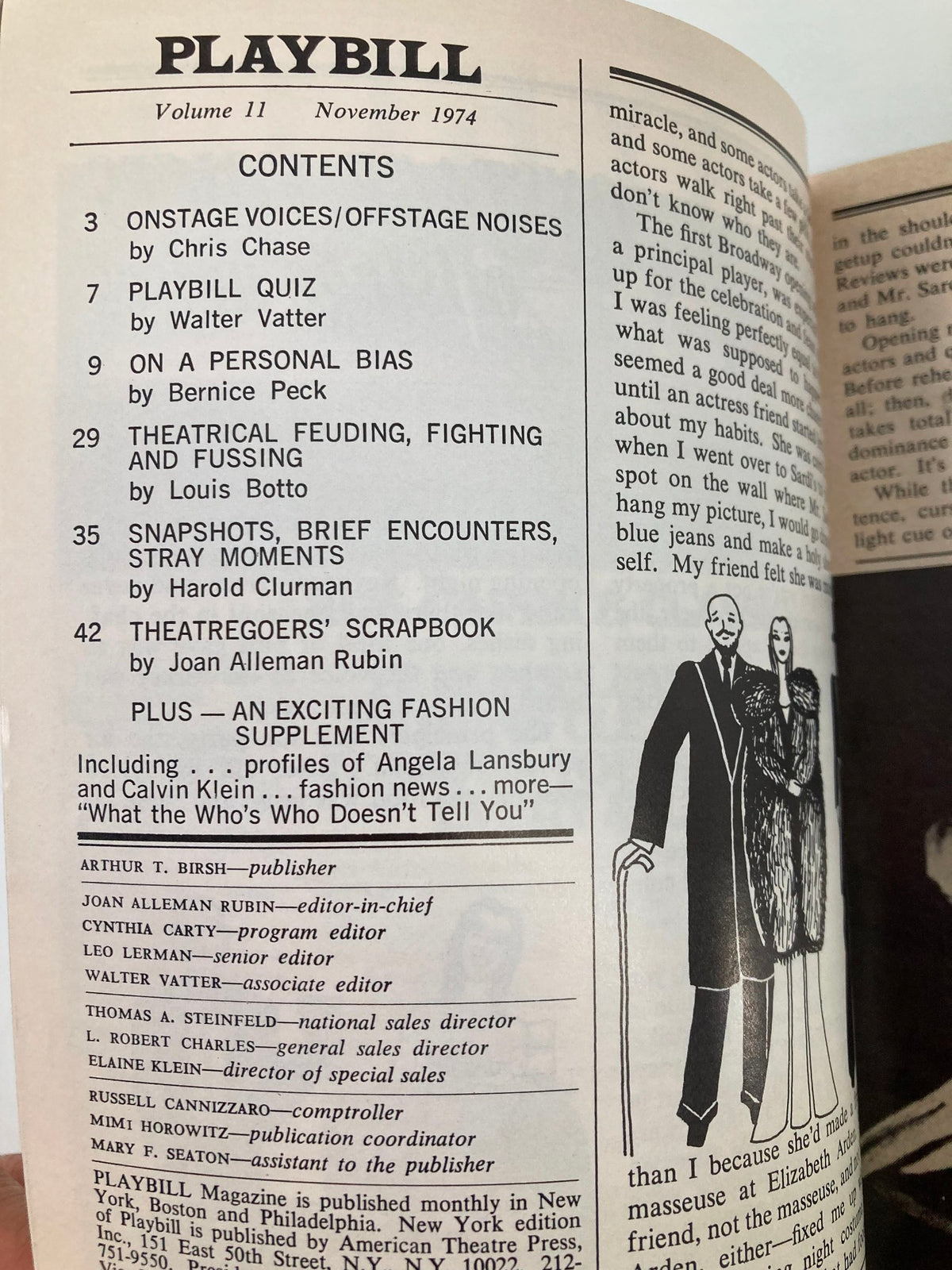 1974 Playbill A Moon for the Misbegotten, showcasing the contents page with various sections on theater including 'Onstage Voices/Offstage Noises' and other contributions, illustrating the publication's depth.