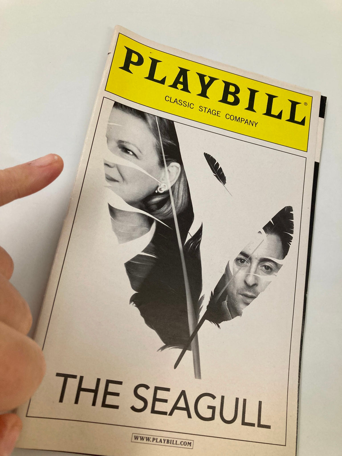 2008 Playbill for The Seagull with a close-up view showing the feather design and the faces of cast members, including Bill Christ and Alan Cumming.