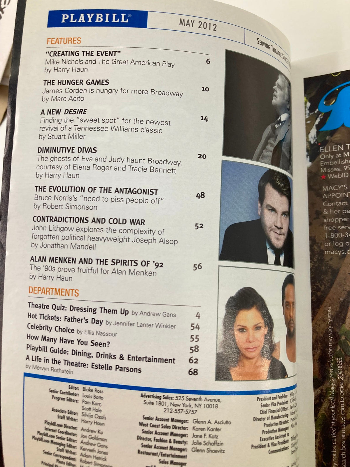 Inside page of the 2012 Playbill for Venus in Fur, listing featured articles and content from the May 2012 edition.