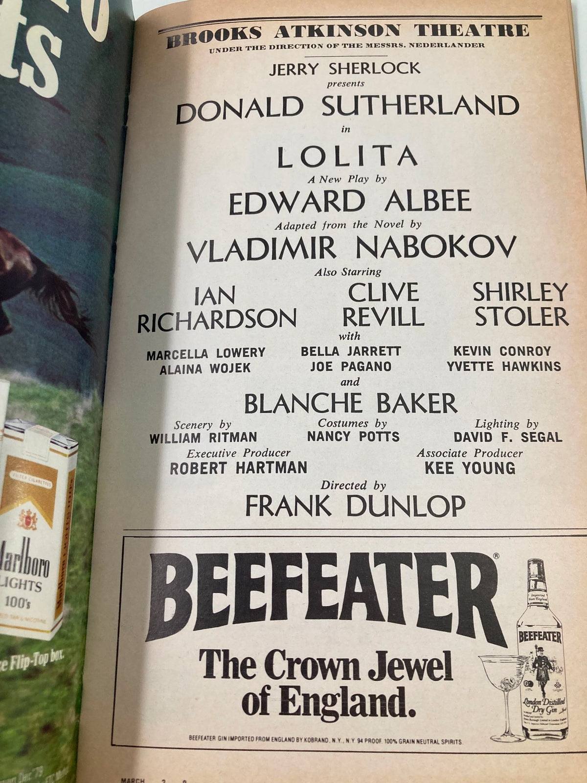 1981 Playbill featuring Donald Sutherland in 'Lolita' presented at the Brooks Atkinson Theatre, with details of cast and creative team.
