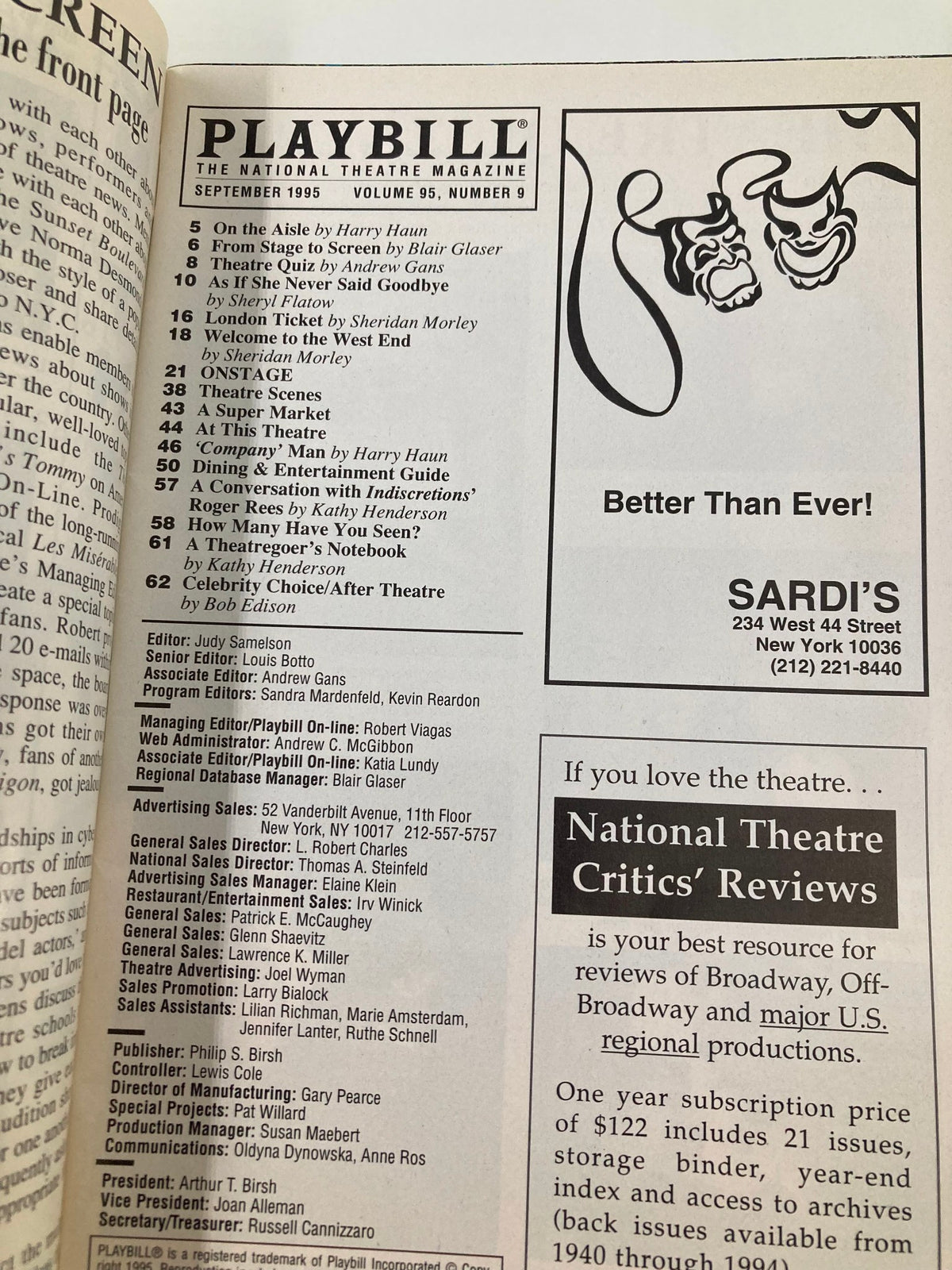 Inside page of the 1995 Playbill for Miss Saigon showcasing various Broadway show listings and advertisements.