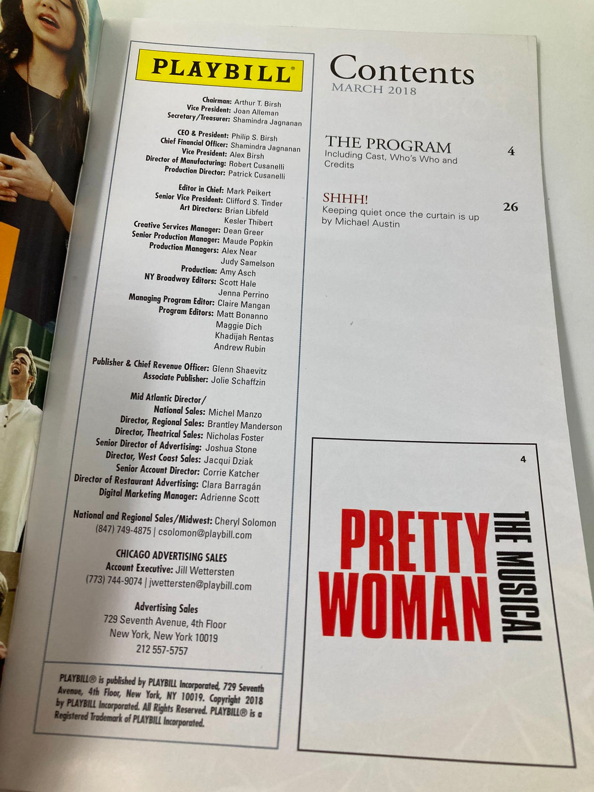Inside page of the 2018 Playbill for Pretty Woman, showcasing the contents and program credits.