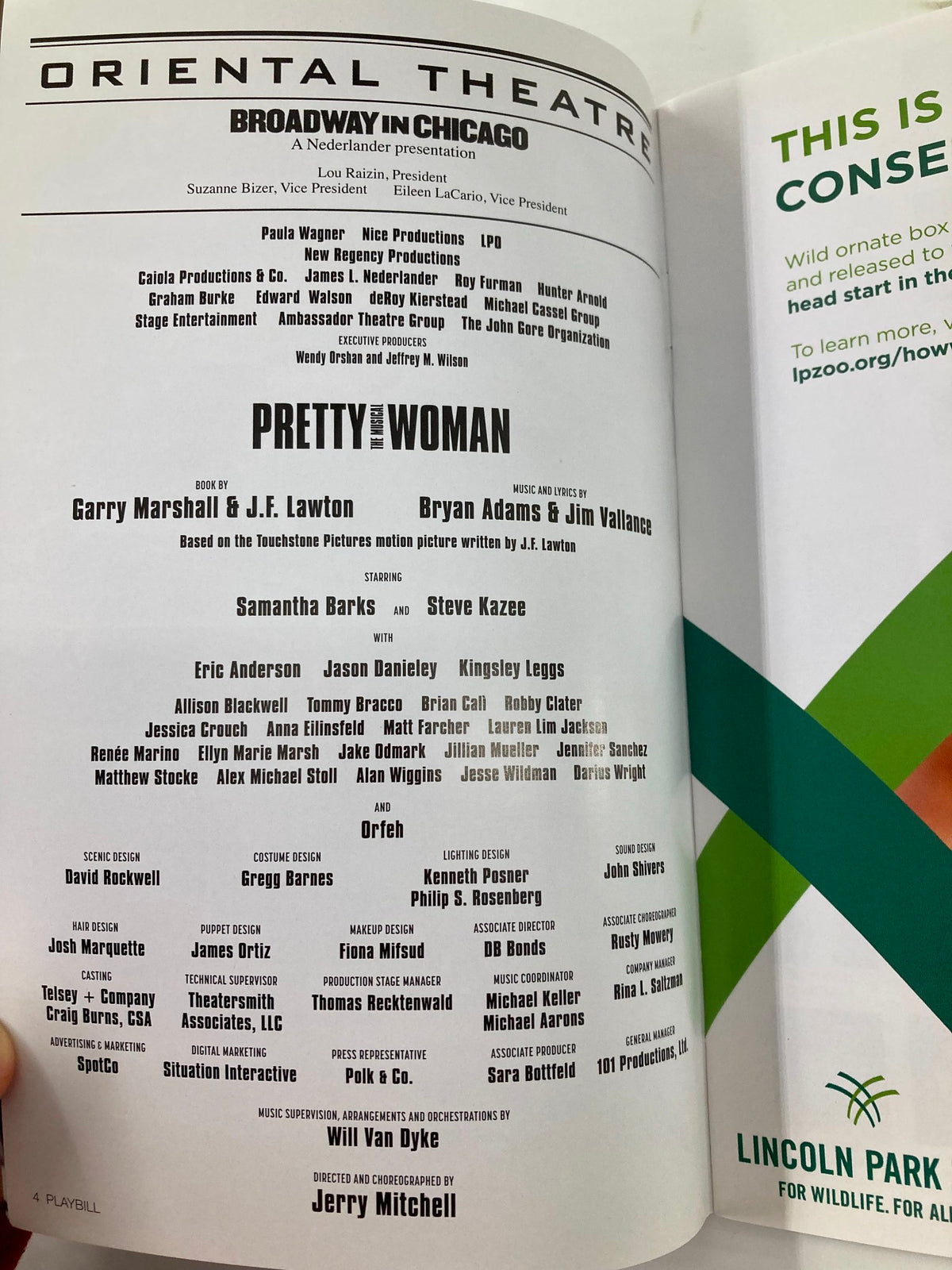Detailed page from the 2018 Playbill for Pretty Woman, listing the cast and crew associated with the production.