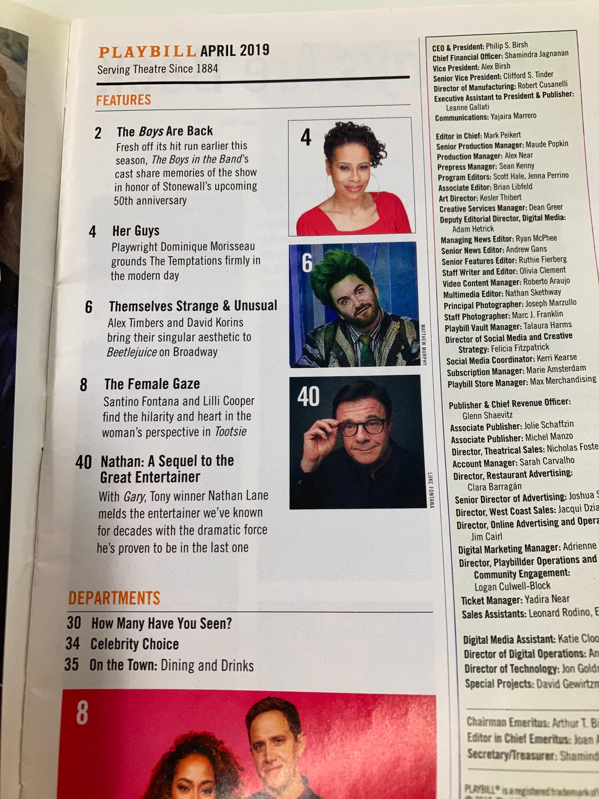 Inside page of the 2019 Playbill for 'Ink' at the Manhattan Theatre Club, listing features and articles from the April 2019 edition.