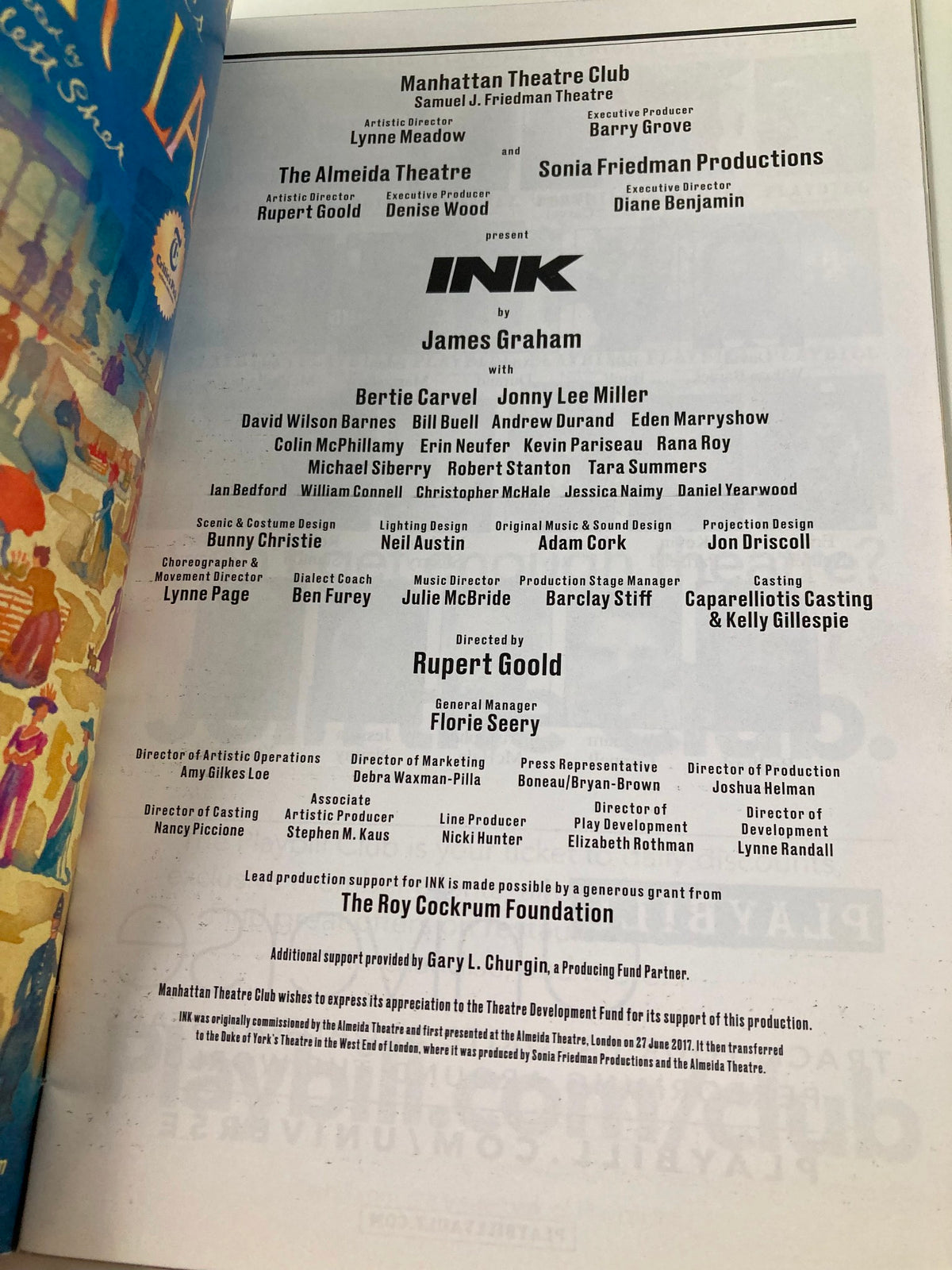 2019 Playbill from Manhattan Theatre Club featuring the play Ink by James Graham, showcasing cast details including Bertie Carvel and Johnny Lee Miller.