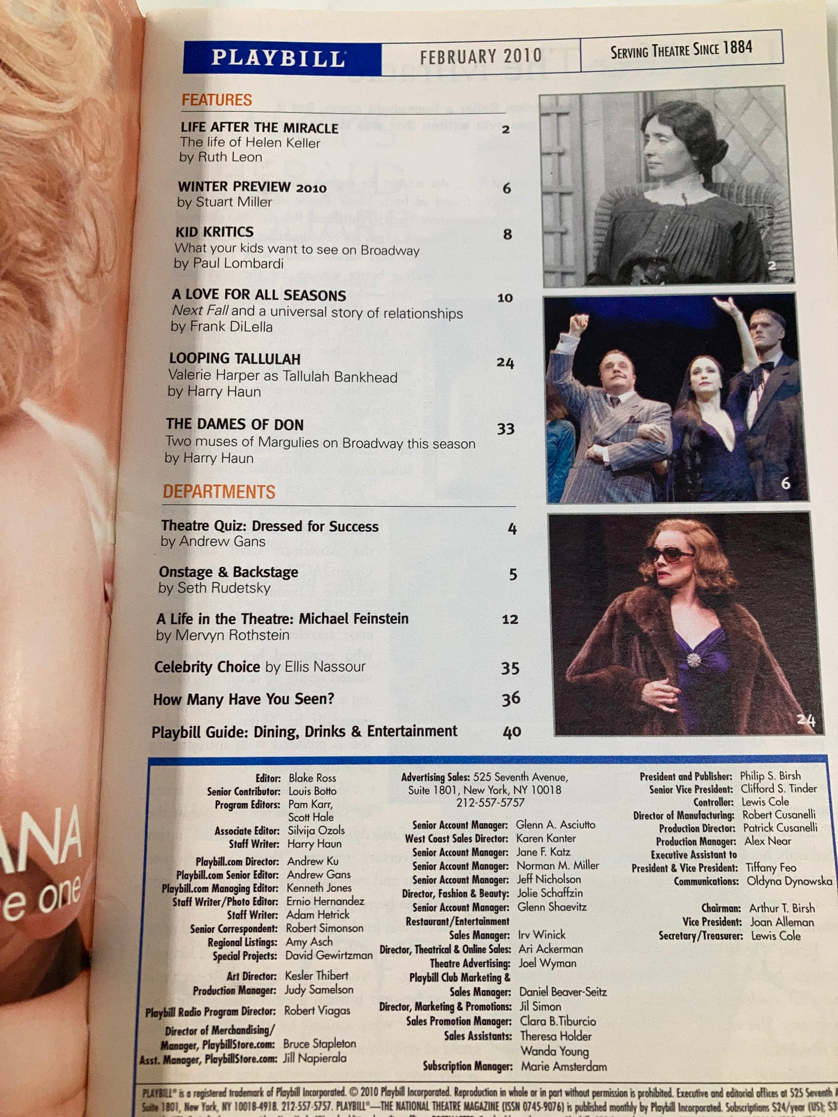 Inside page of the February 2010 Playbill featuring various articles and features, highlighting the vibrant community of Broadway.