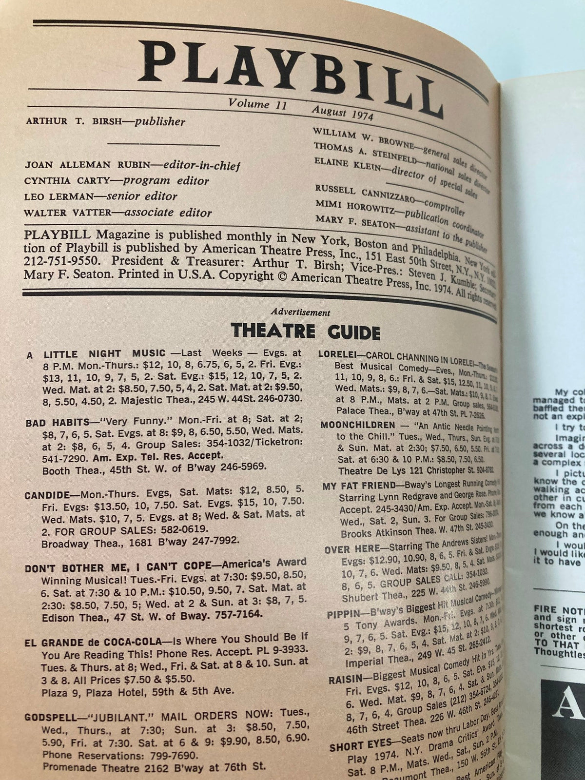 Interior page of the 1974 Playbill from Theatre De Lys displaying the publication details and advertisements related to the theatrical scene.