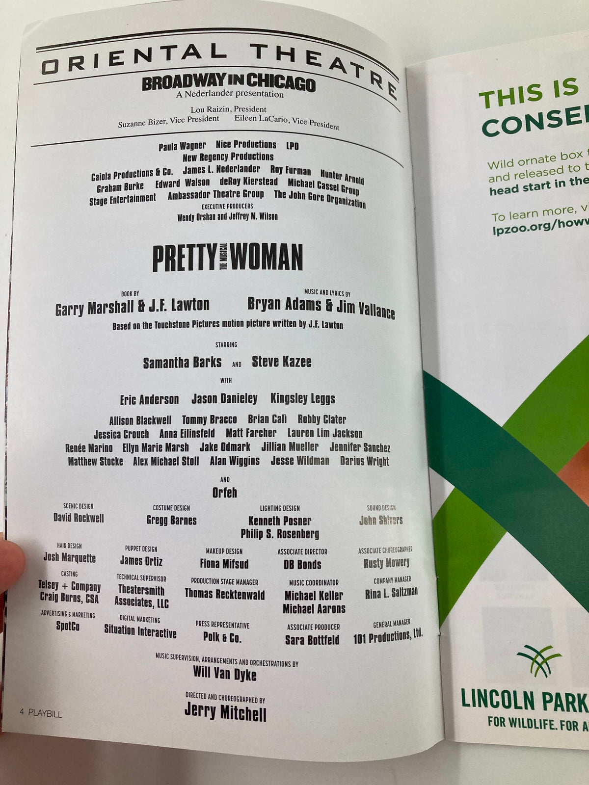 Inside page of the 2018 Playbill for Pretty Woman showcasing the cast and creative team details.