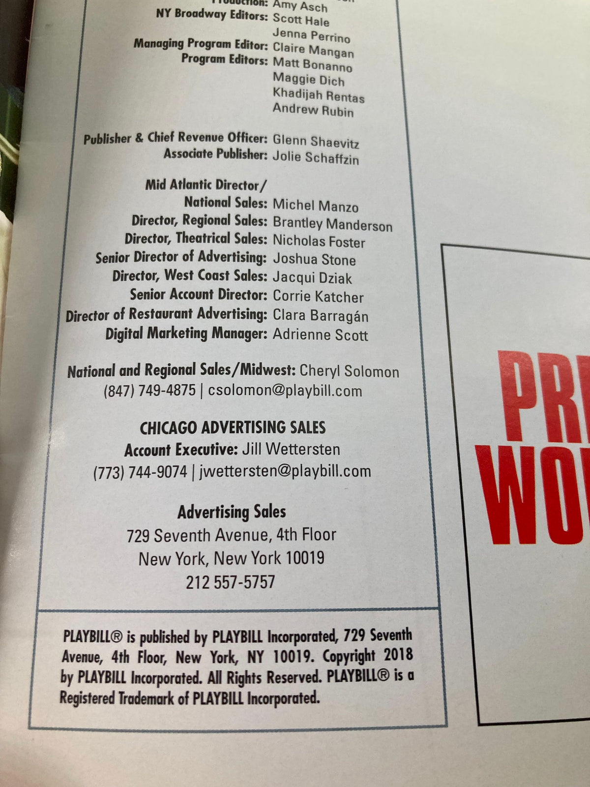 Page of the 2018 Playbill for Pretty Woman highlighting advertising and production credits.