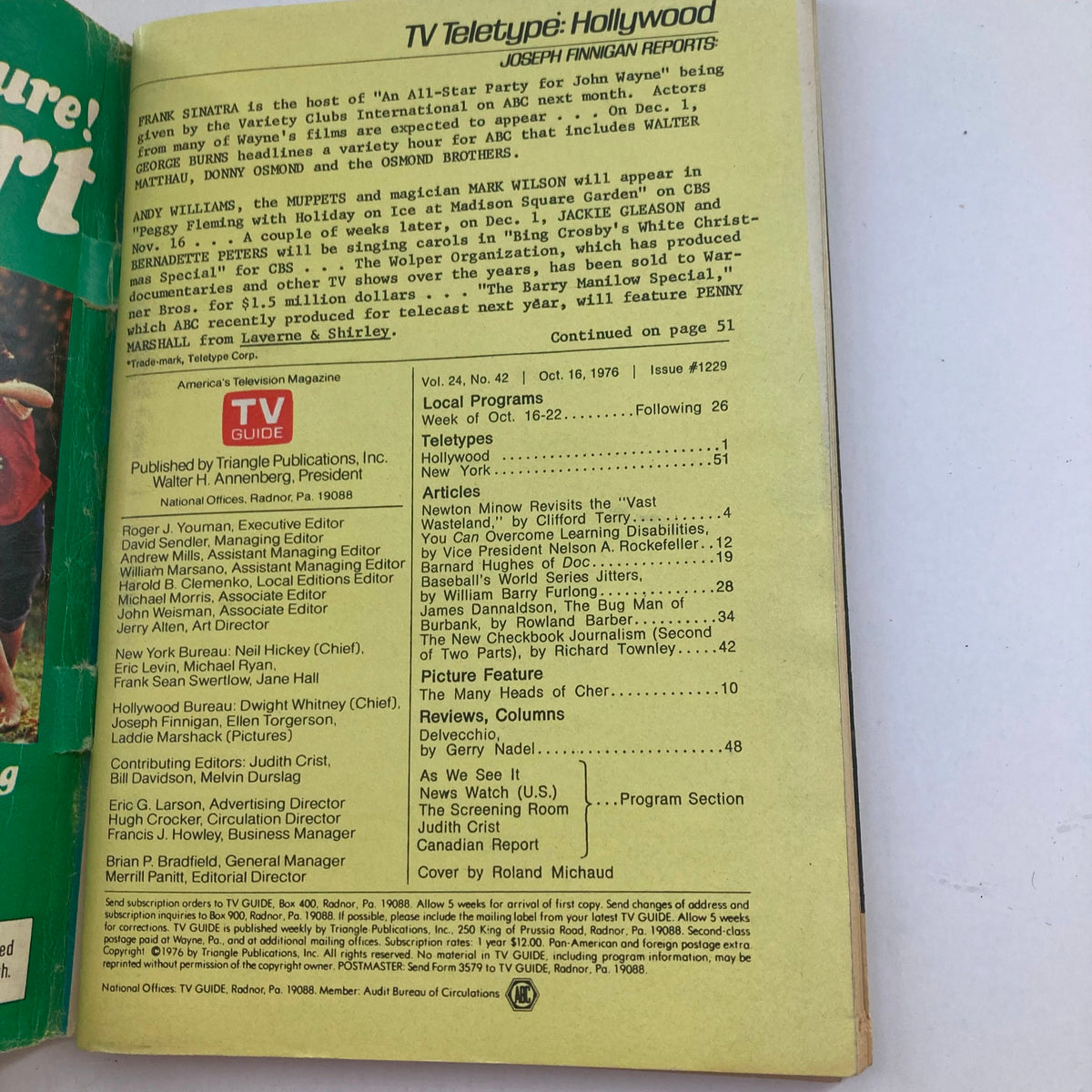 Inside page of TV Guide Magazine October 16 1976 #1229, showcasing program details and television listings.