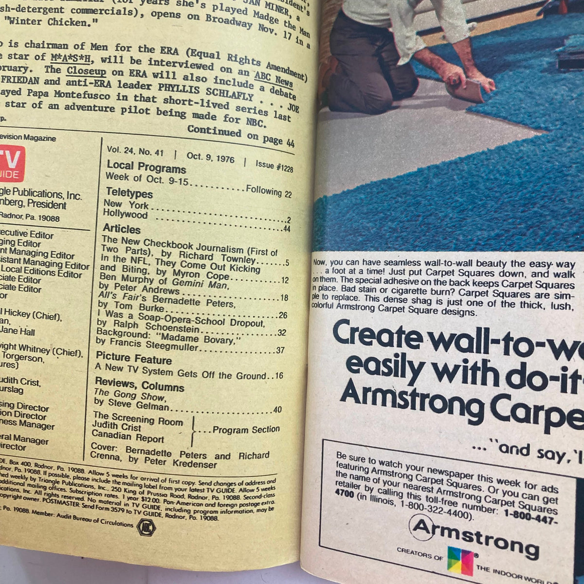 Inside page of TV Guide Magazine October 9 1976, displaying a table of contents with featured articles including Bernadette Peters and Richard Crenna from 'All's Fair', encapsulating 1970s television culture.